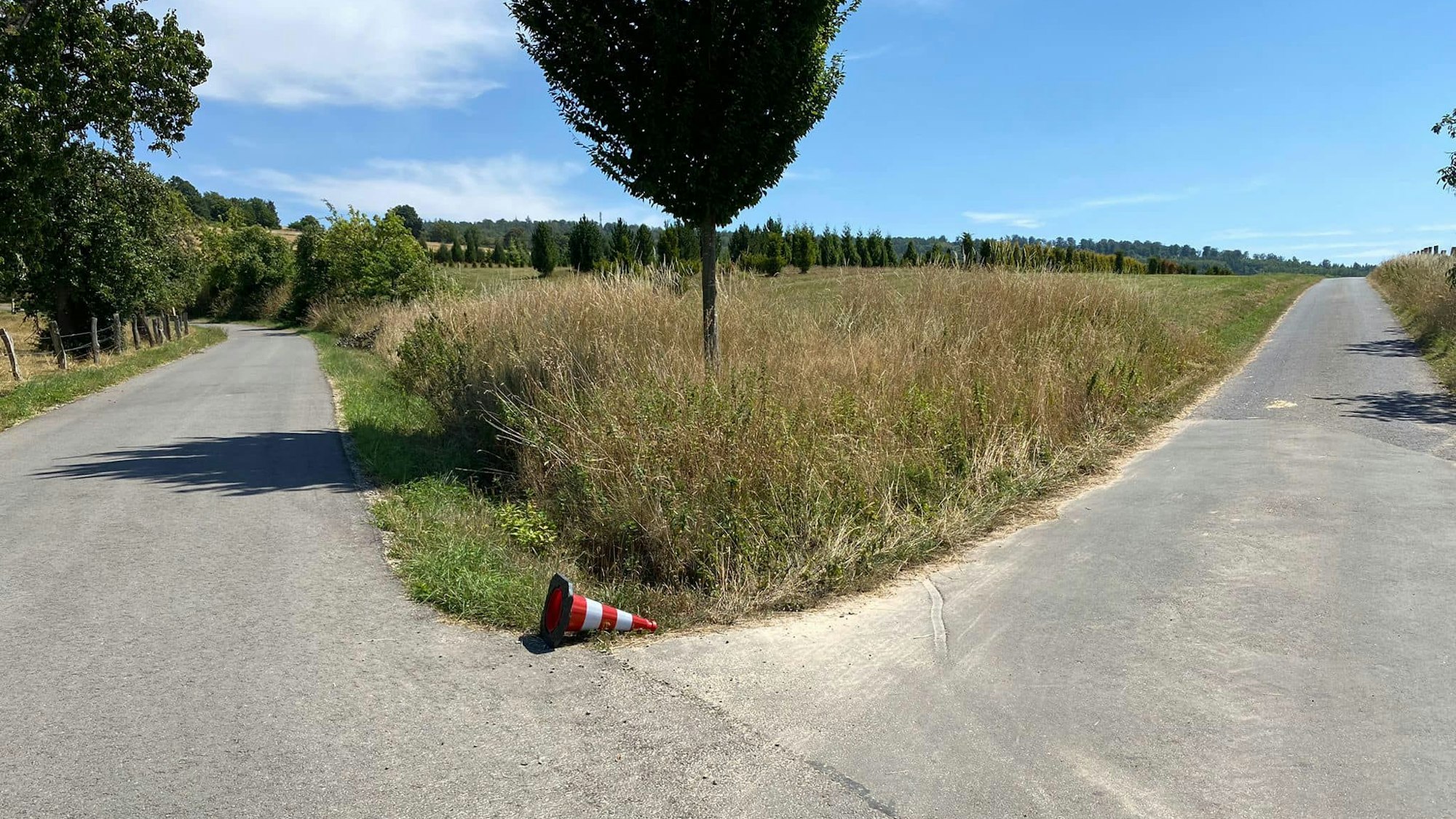 Eine Pylone liegt an einem Weg und soll der Feuerwehr die Richtung weisen.