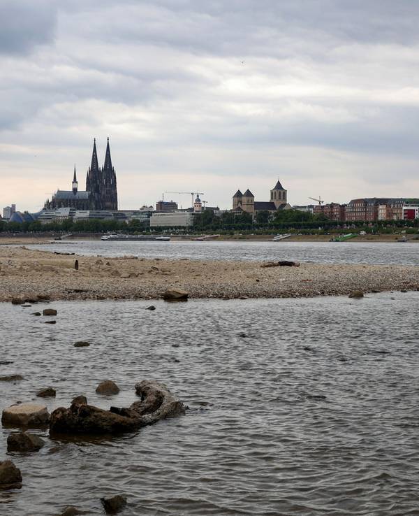 Rheinufer in Köln mit wenig Wasser. Der Juli in NRW war viel zu trocken.