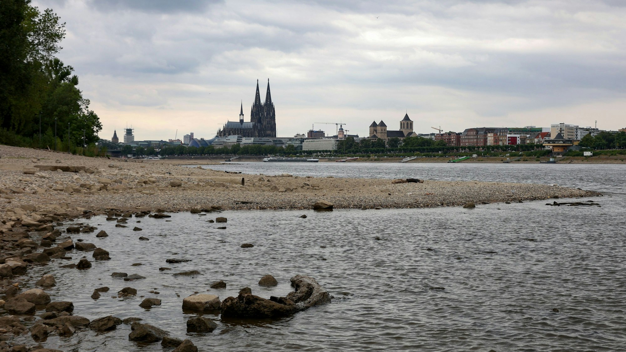 Rheinufer in Köln mit wenig Wasser. Der Juli in NRW war viel zu trocken.