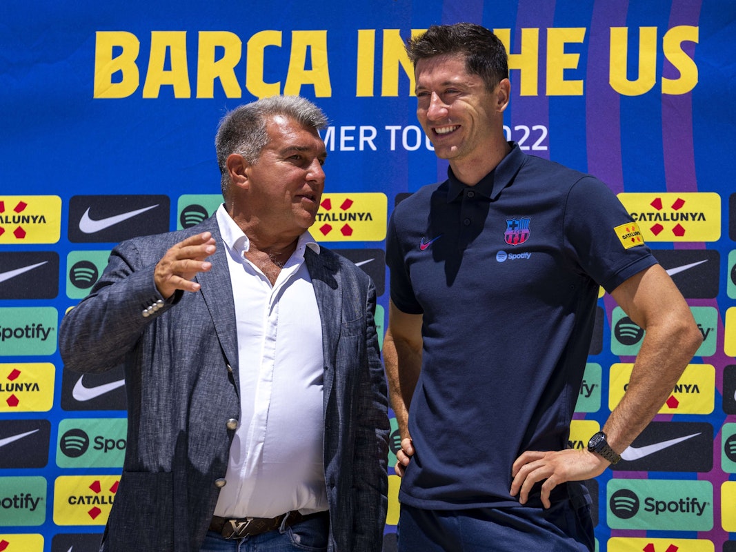 Robert Lewandowski und Joan Laporta vor der Vorstellung des Ex-Bayern-Profis in Fort Lauderdale.