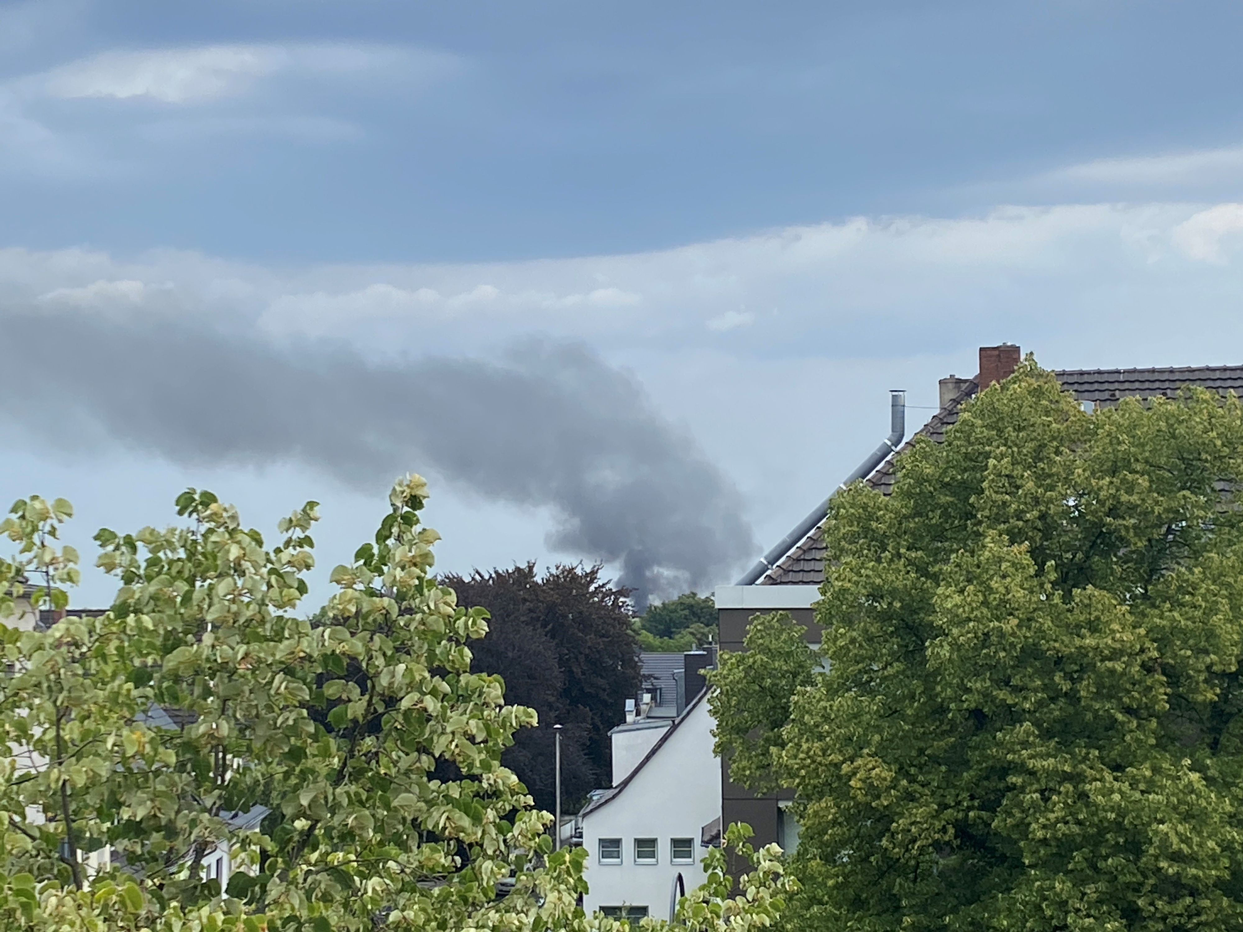 Zwischen Häusern und Bäumen steigt dichter Rauch auf.