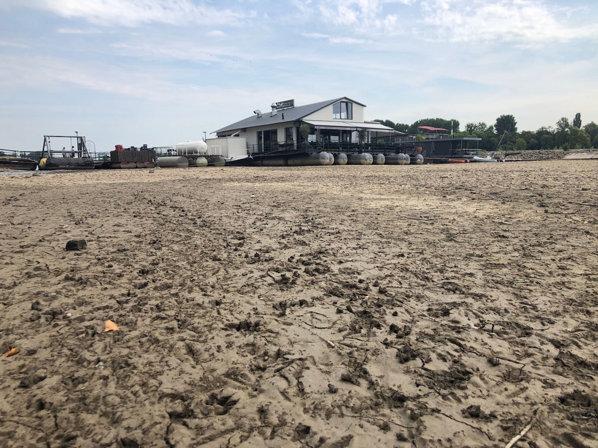 Das Restaurant "Sürther Bootshaus" liegt auf dem trockenen Grund des Rheins.