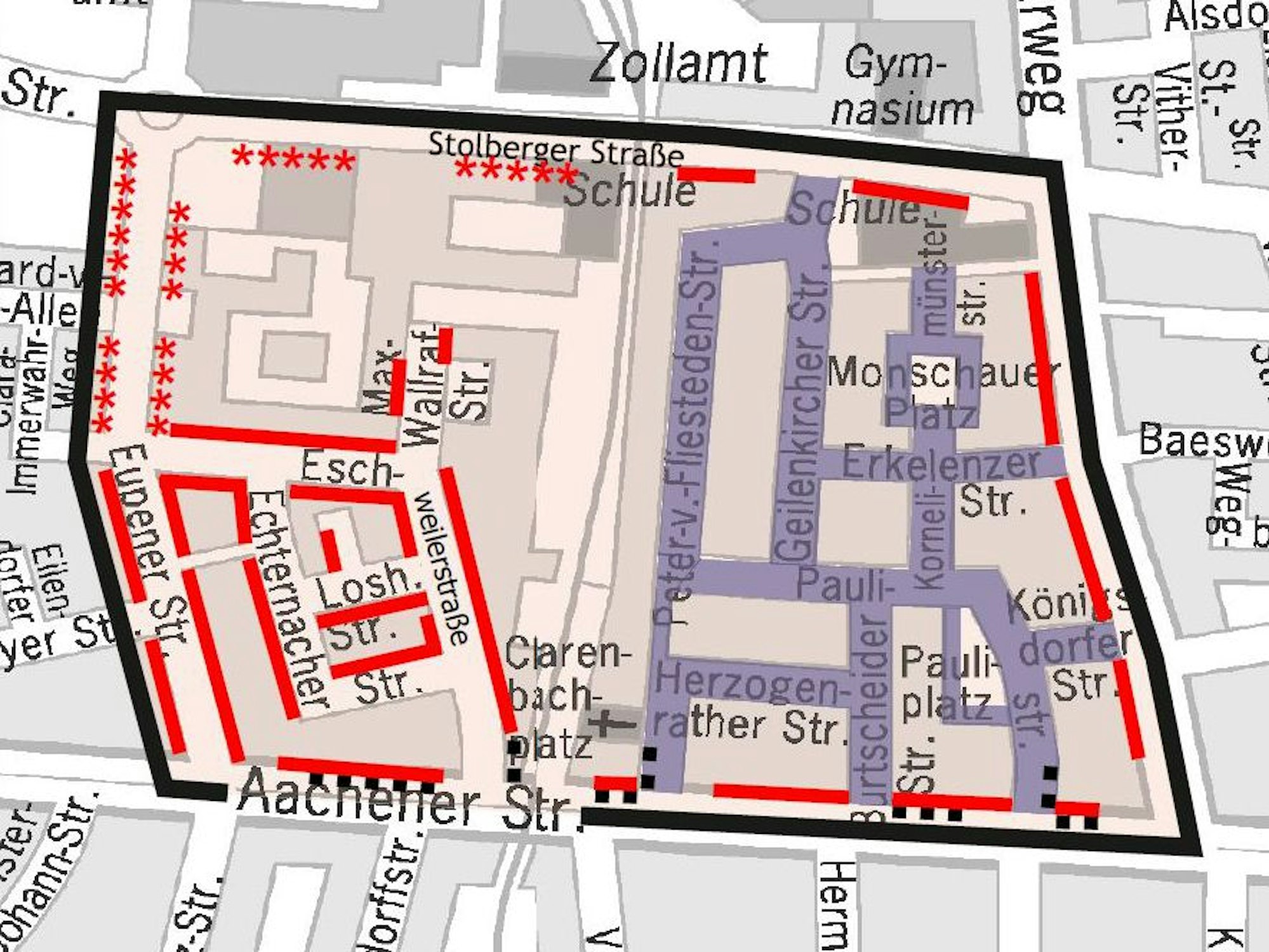 Stadtplanauszug des neuen Bewohnerparkgebiets Pauliviertel. Eingezeichnet sind die Grenzen des neuen Bewohnerparkgebiets, das sich im Quartier zwischen Maarweg, Aachener Straße, Eupenber Straße und Stolberger Straße befindet.