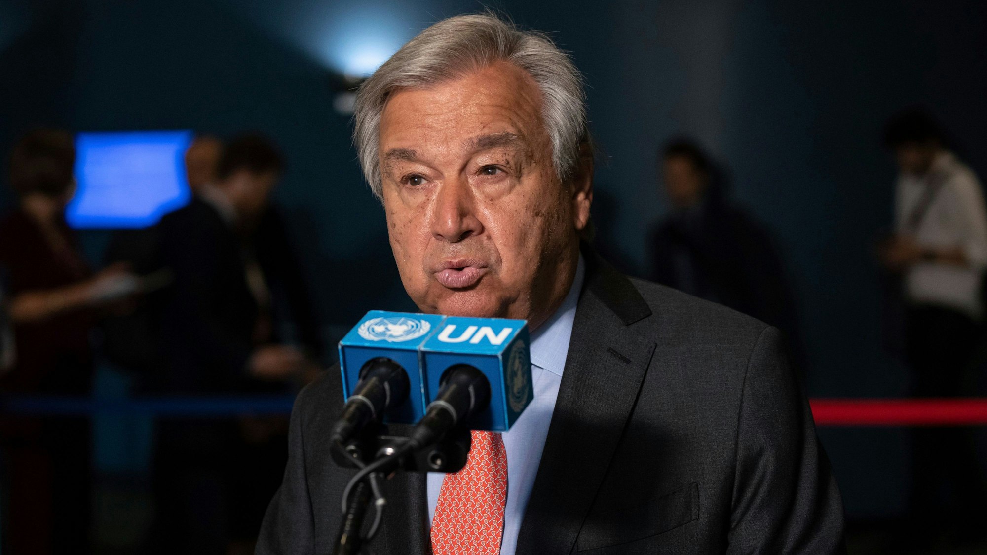 Antonio Guterres, Generalsekretär der Vereinten Nationen, hält am 1. August eine Rede vor der Konferenz zur Überprüfung des Atomwaffensperrvertrags (NVV) 2022 in der Generalversammlung der Vereinten Nationen.
