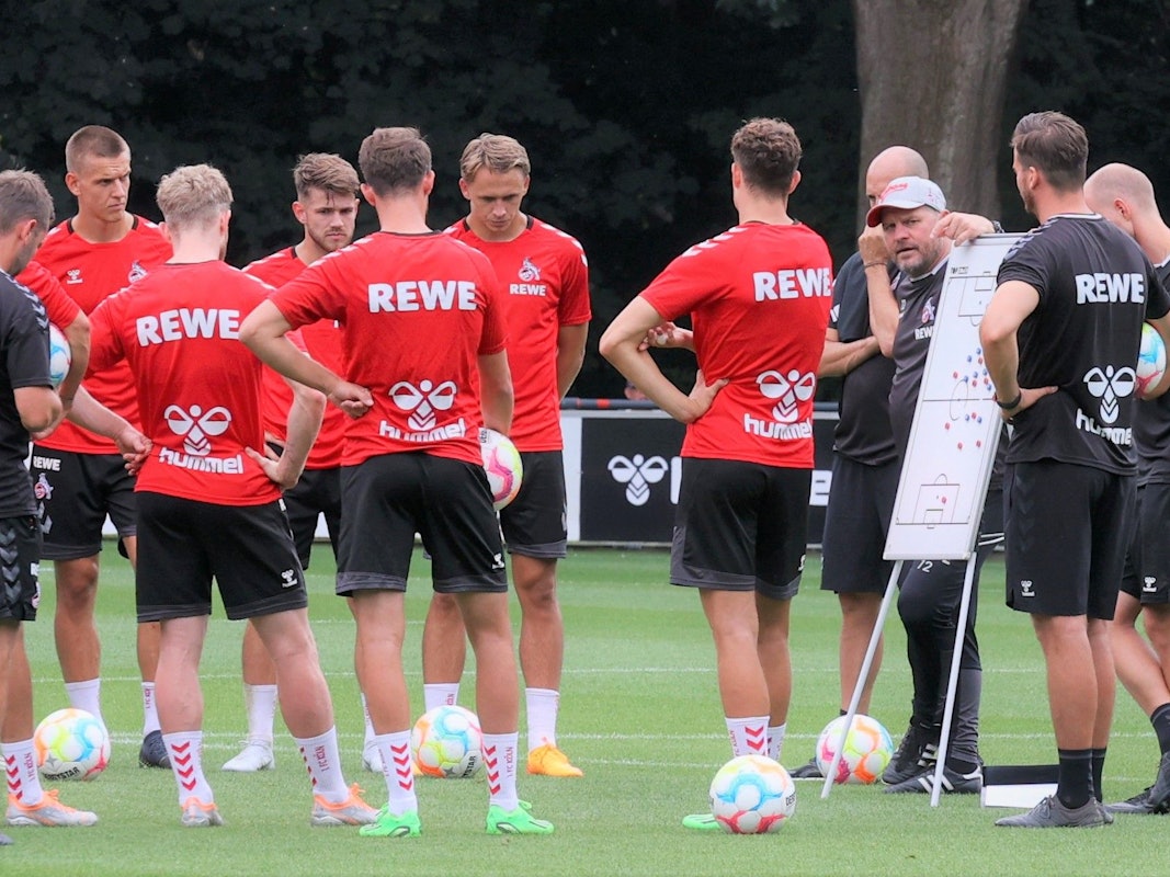 Steffen Baumgart spricht im Training des 1. FC Köln an einer Taktik-Tafel mit seiner Mannschaft