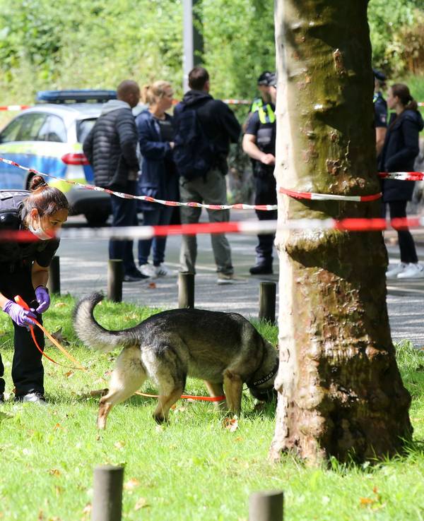 Eine Polizistin ist innerhalb einer Polizeiabsperrung mit einem Spürhund in Hamburg bei einem Einsatz.