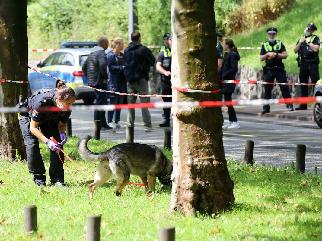 Eine Polizistin ist innerhalb einer Polizeiabsperrung mit einem Spürhund in Hamburg bei einem Einsatz.