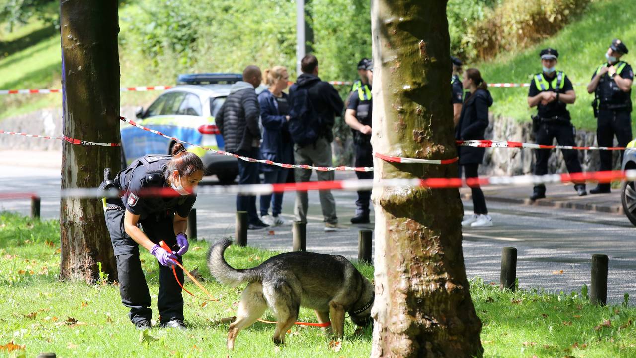 Eine Polizistin ist innerhalb einer Polizeiabsperrung mit einem Spürhund in Hamburg bei einem Einsatz.