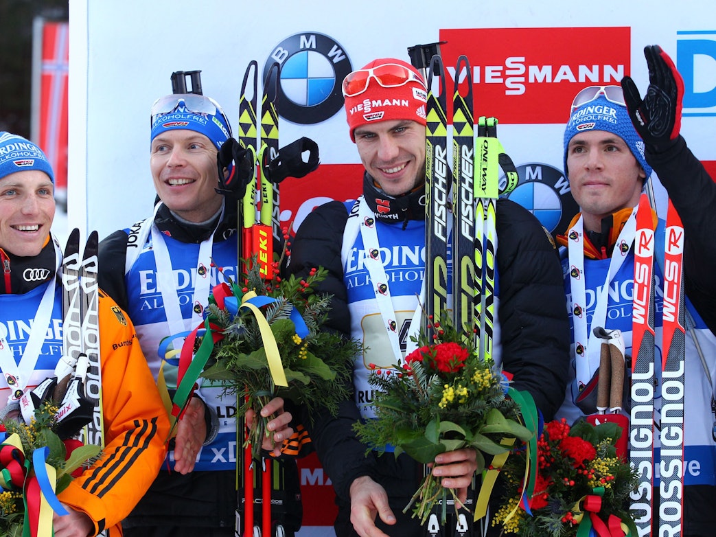 Die deutschen Biathleten Erik Lesser (l-r), Andreas Birnbacher, Arnd Peiffer und Simon Schempp nach einem Wettkampf.