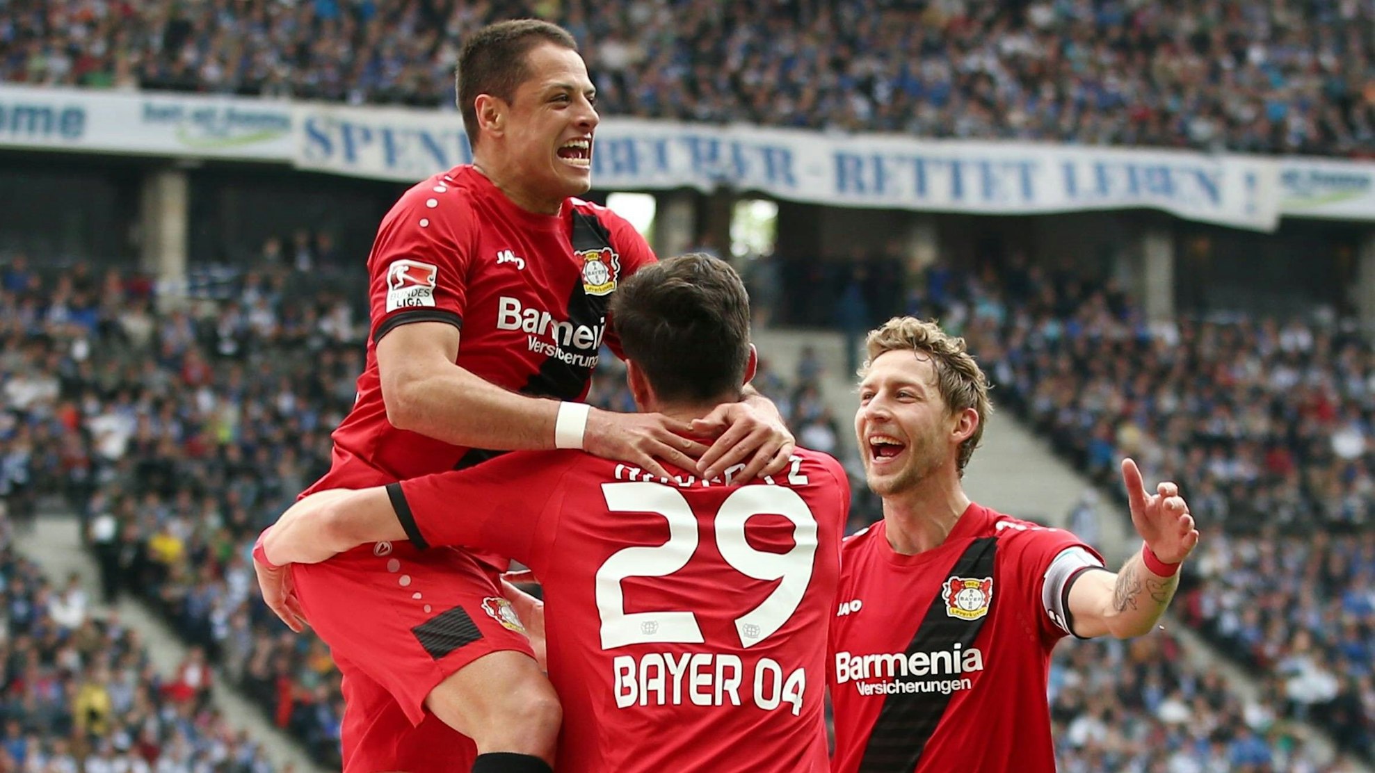 Die ehemaligen Leverkusen-Stars Chicharito, Kai Havertz und Stefan Kießling beim Torjubel in der Bundesliga.