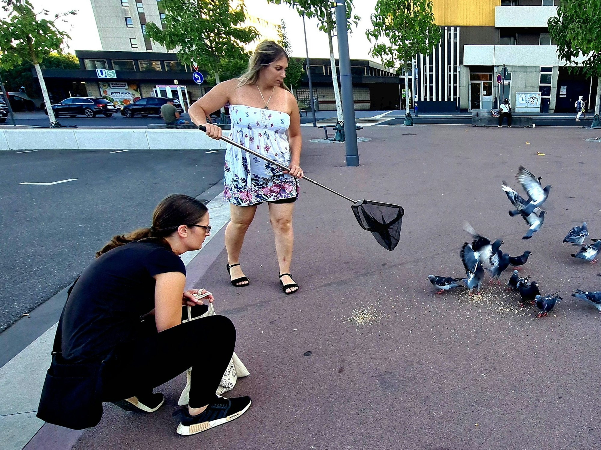 Giuliana Tadiotti und Jamie-Lynn Winkler-Jacobs vom Verein „Pigeon Rights“ versuchen, eine verletzte Taube in Köln-Chorweiler einzufangen.