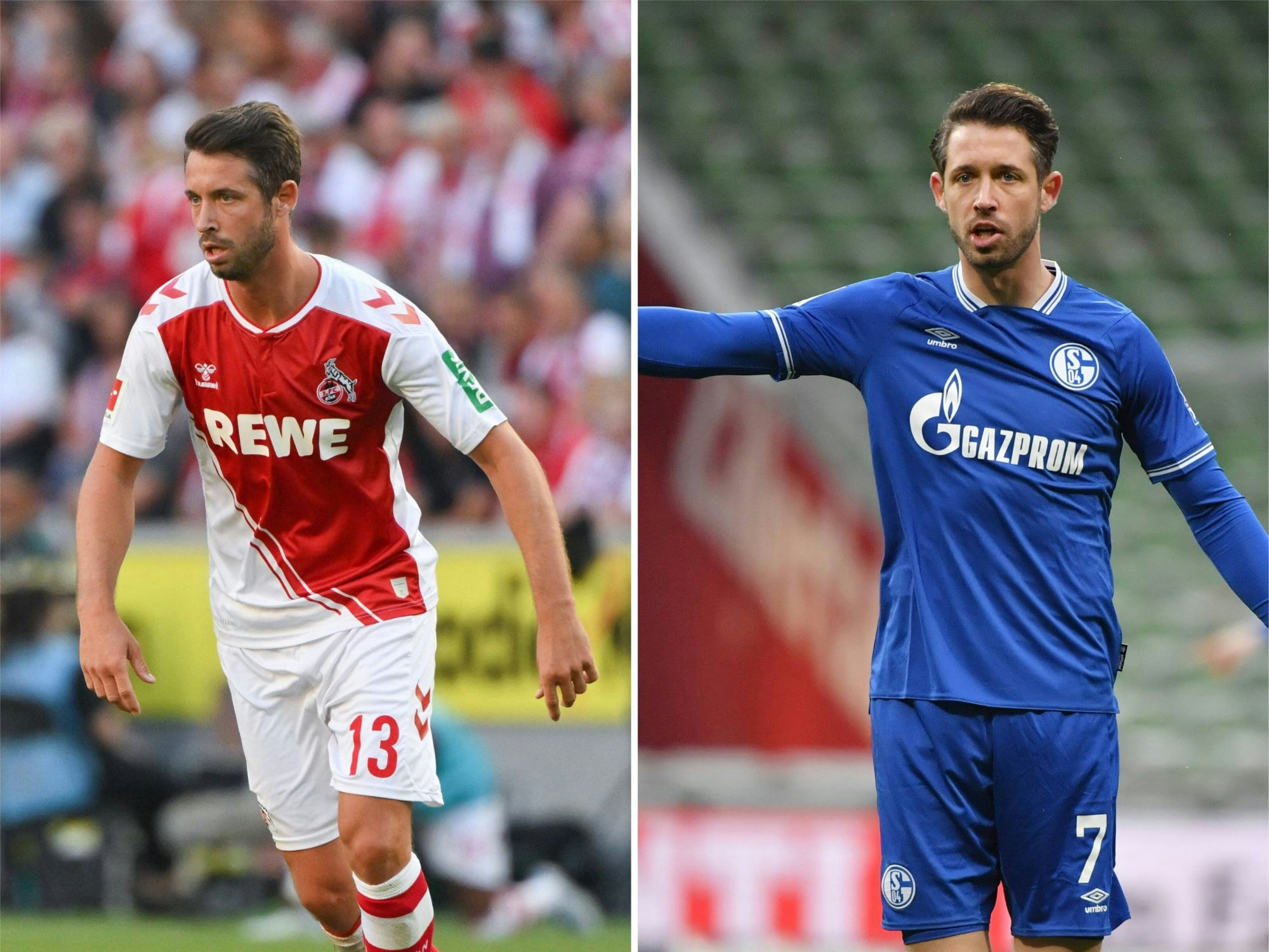 Mark Uth in den Trikots des 1. FC Köln und des FC Schalke 04.