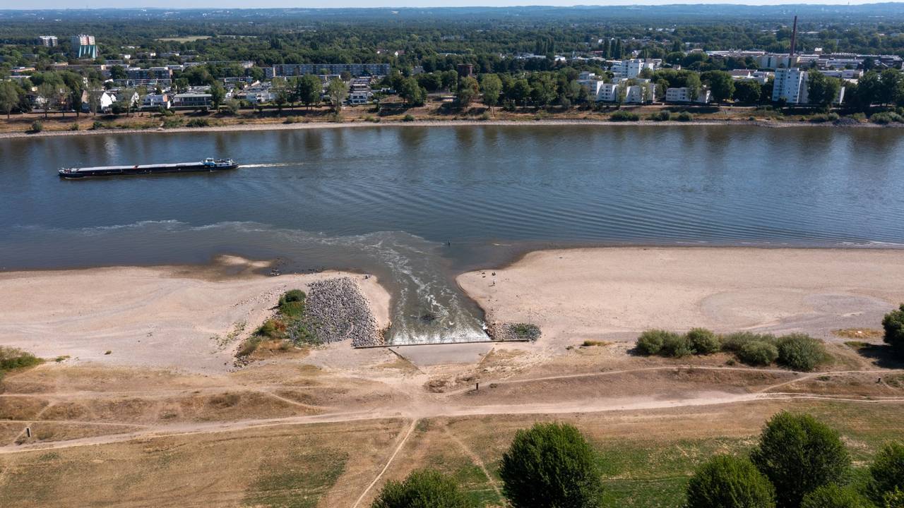 03.08.2022, Köln: Blick auf Sandbänke am Rhein. Der Rhein führt Niedrigwasser. Luftaufnahme mit Drohne. Foto: Uwe Weiser