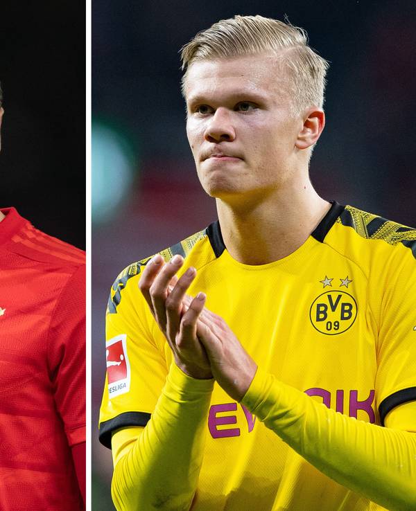Die Bild-Kombo zeigt Robert Lewandowski (l.) von Bayern am 19.01.2020 in Berlin und Erling Haaland von Dortmund am 08.02.2020 in Leverkusen.