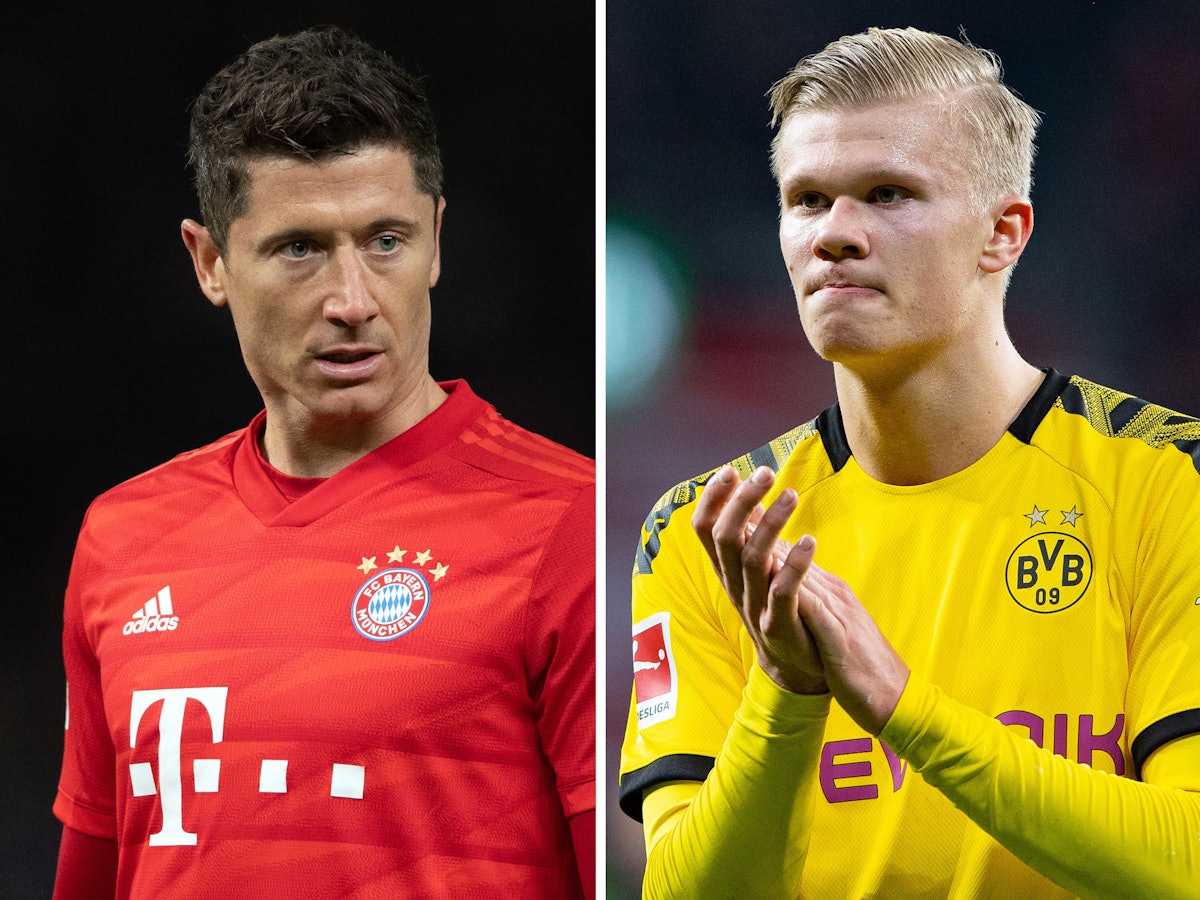 Die Bild-Kombo zeigt Robert Lewandowski (l.) von Bayern am 19.01.2020 in Berlin und Erling Haaland von Dortmund am 08.02.2020 in Leverkusen.
