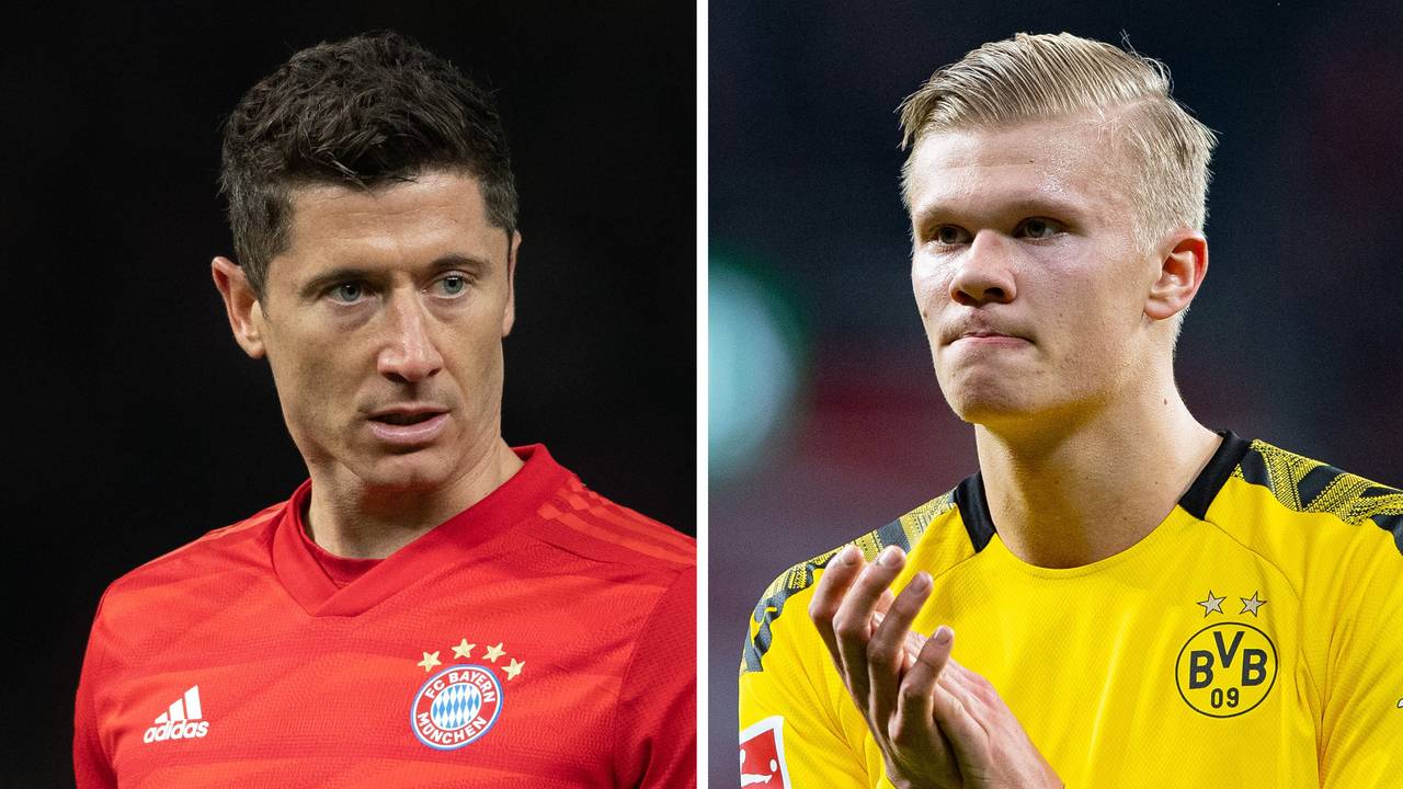 Die Bild-Kombo zeigt Robert Lewandowski (l.) von Bayern am 19.01.2020 in Berlin und Erling Haaland von Dortmund am 08.02.2020 in Leverkusen.