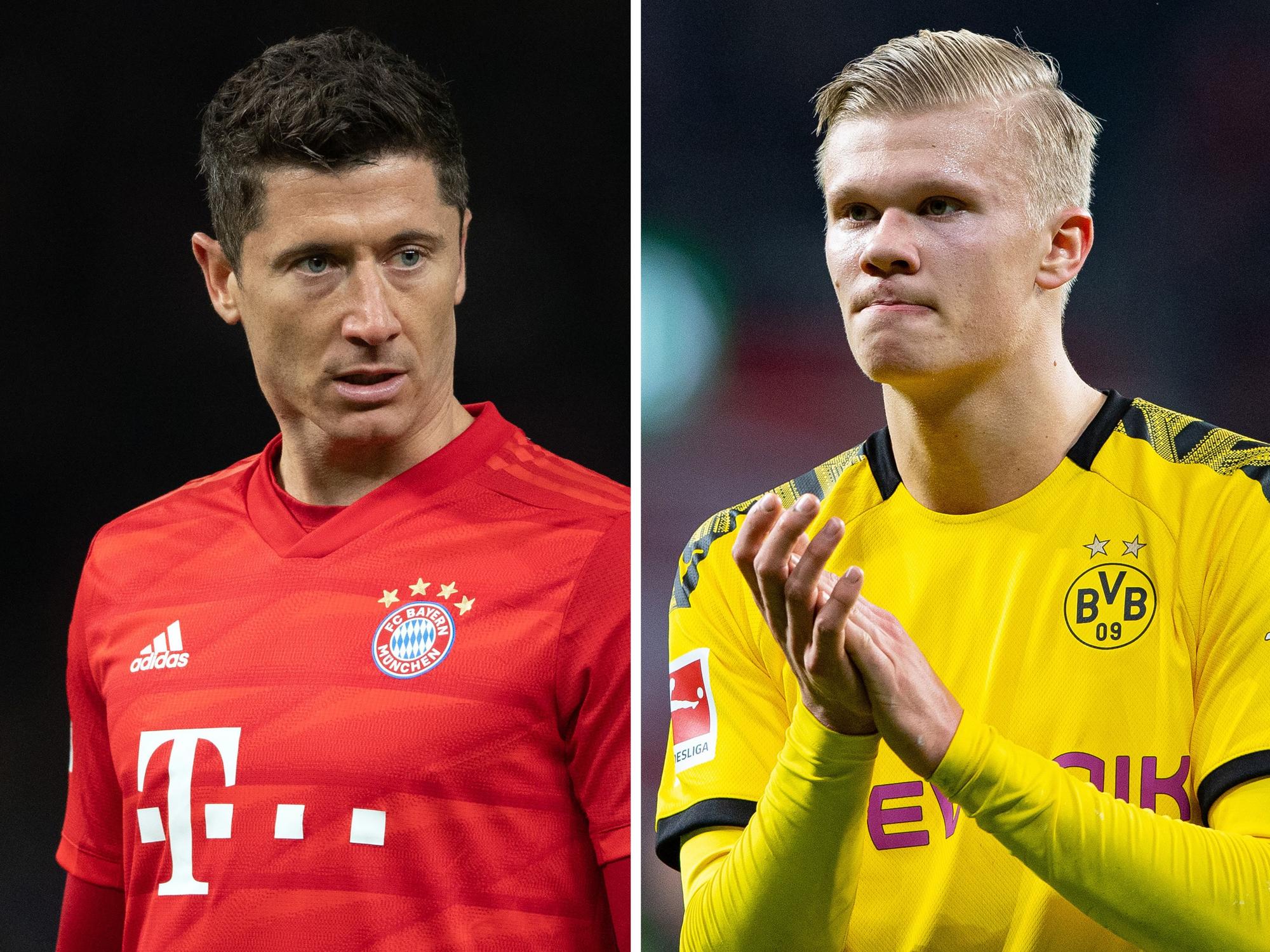 Die Bild-Kombo zeigt Robert Lewandowski (l) von Bayern am 19.01.2020 in Berlin und Erling Haaland von Dortmund am 08.02.2020 in Leverkusen.