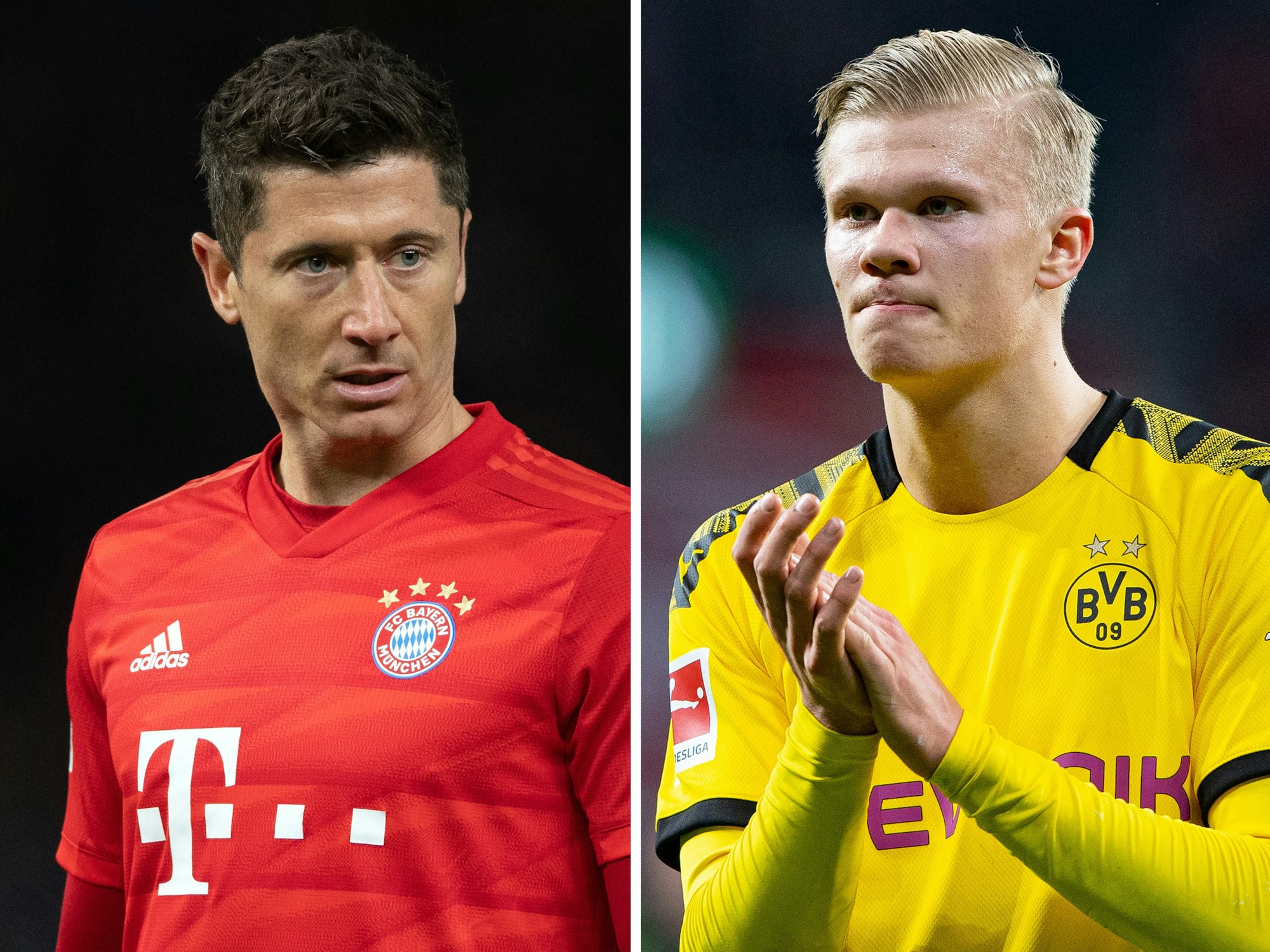 Die Bild-Kombo zeigt Robert Lewandowski (l) von Bayern am 19.01.2020 in Berlin und Erling Haaland von Dortmund am 08.02.2020 in Leverkusen.