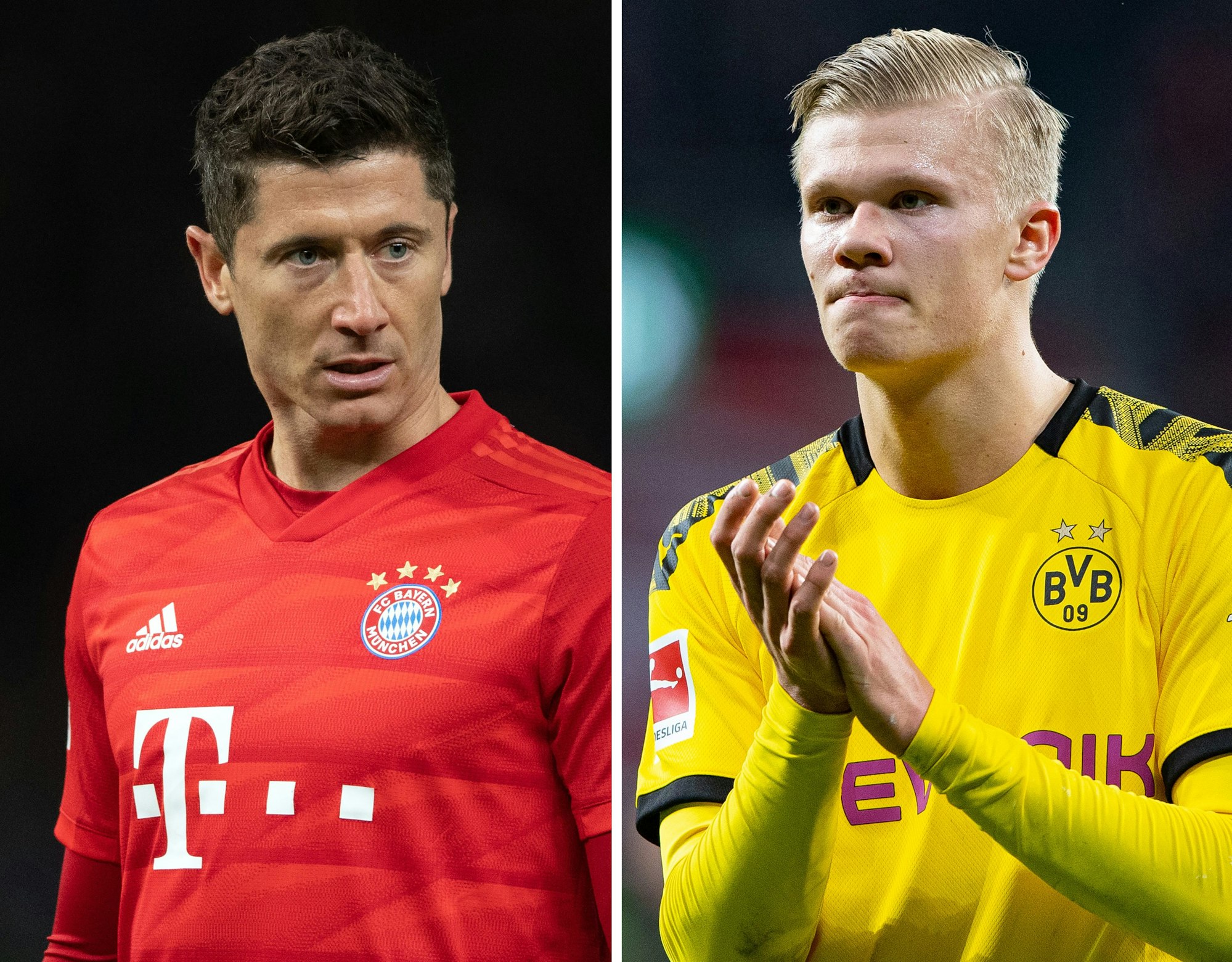 Die Bild-Kombo zeigt Robert Lewandowski (l.) von Bayern am 19.01.2020 in Berlin und Erling Haaland von Dortmund am 08.02.2020 in Leverkusen.