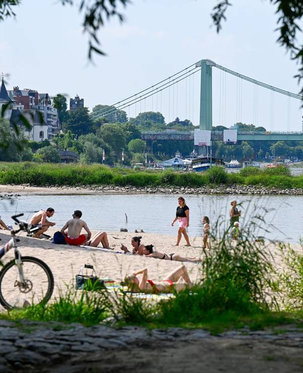 Bei schönem Wetter sonnen sich die Menschen an den Stränden des Rheins und suchen Abkühlung im Fluss.