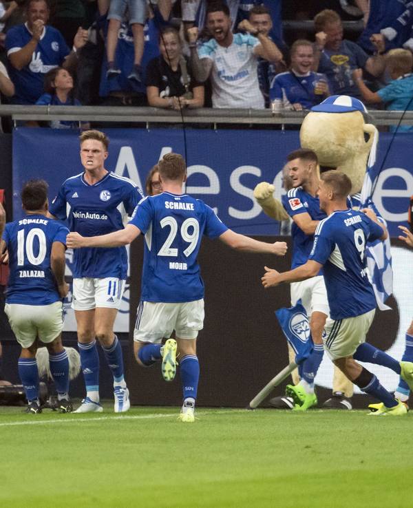 Schalkes Spieler jubeln über das 2:2 durch Marius Bülter.