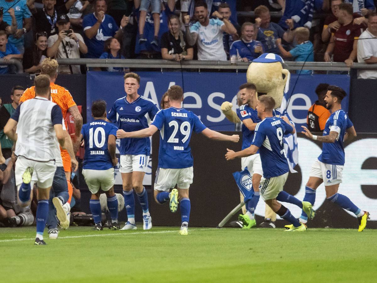 Schalkes Spieler jubeln über das 2:2 durch Marius Bülter.