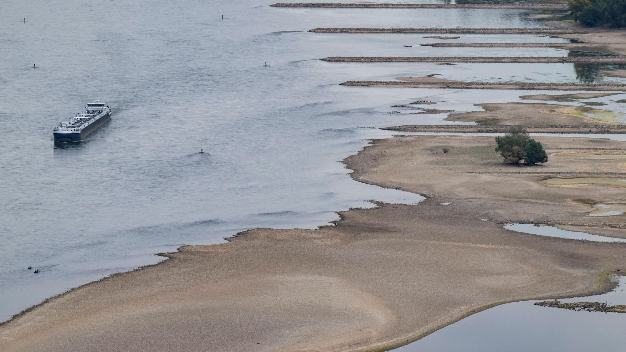 Die Trockenheit behindert weiterhin die Rhein-Schifffahrt: Ein Binnenschiff fährt bei Niedrigwasser an freiliegenden Felsen und Sandbänken am 15. August auf dem Rhein bei Bacharach.dpa