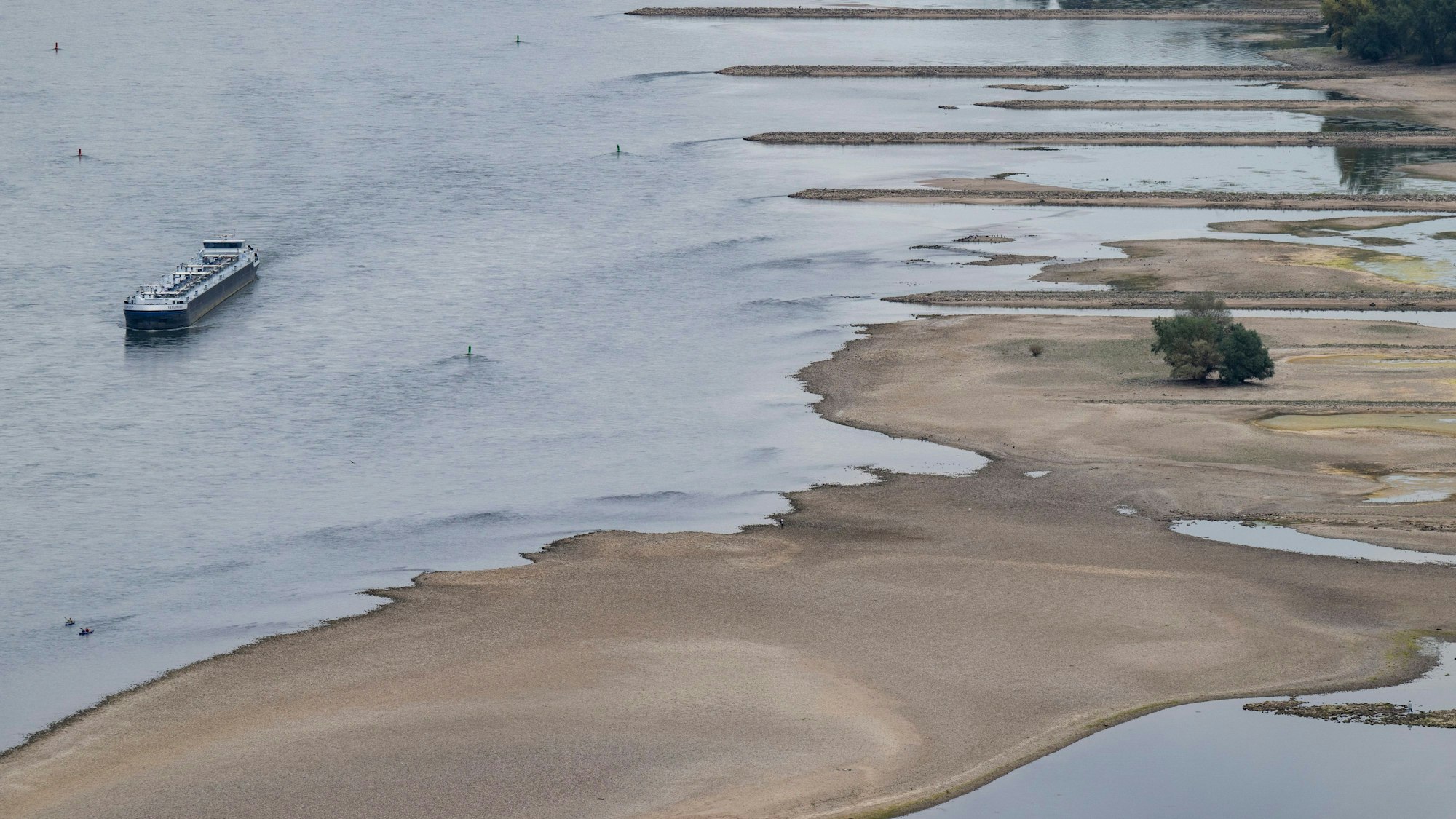 Die Trockenheit behindert weiterhin die Rhein-Schifffahrt: Ein Binnenschiff fährt bei Niedrigwasser an freiliegenden Felsen und Sandbänken am 15. August auf dem Rhein bei Bacharach.dpa
