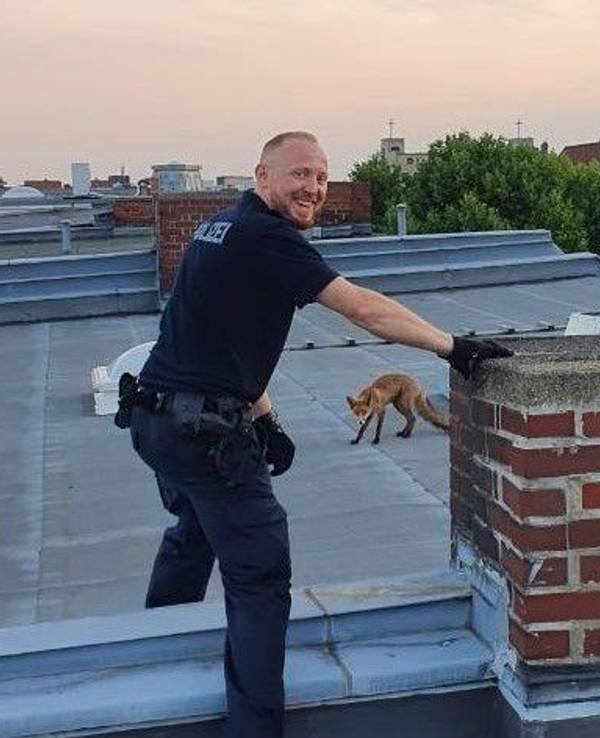 Die Polizei Berlin bewahrte sich bei dem Einsatz auf dem Dach die gute Laune.