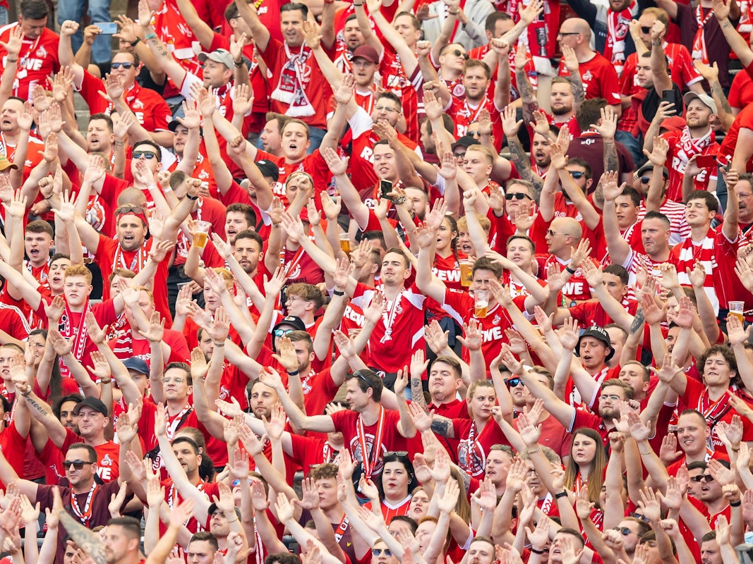 Die Fans im Gästeblock des 1. FC Köln sind in rot gekleidet.