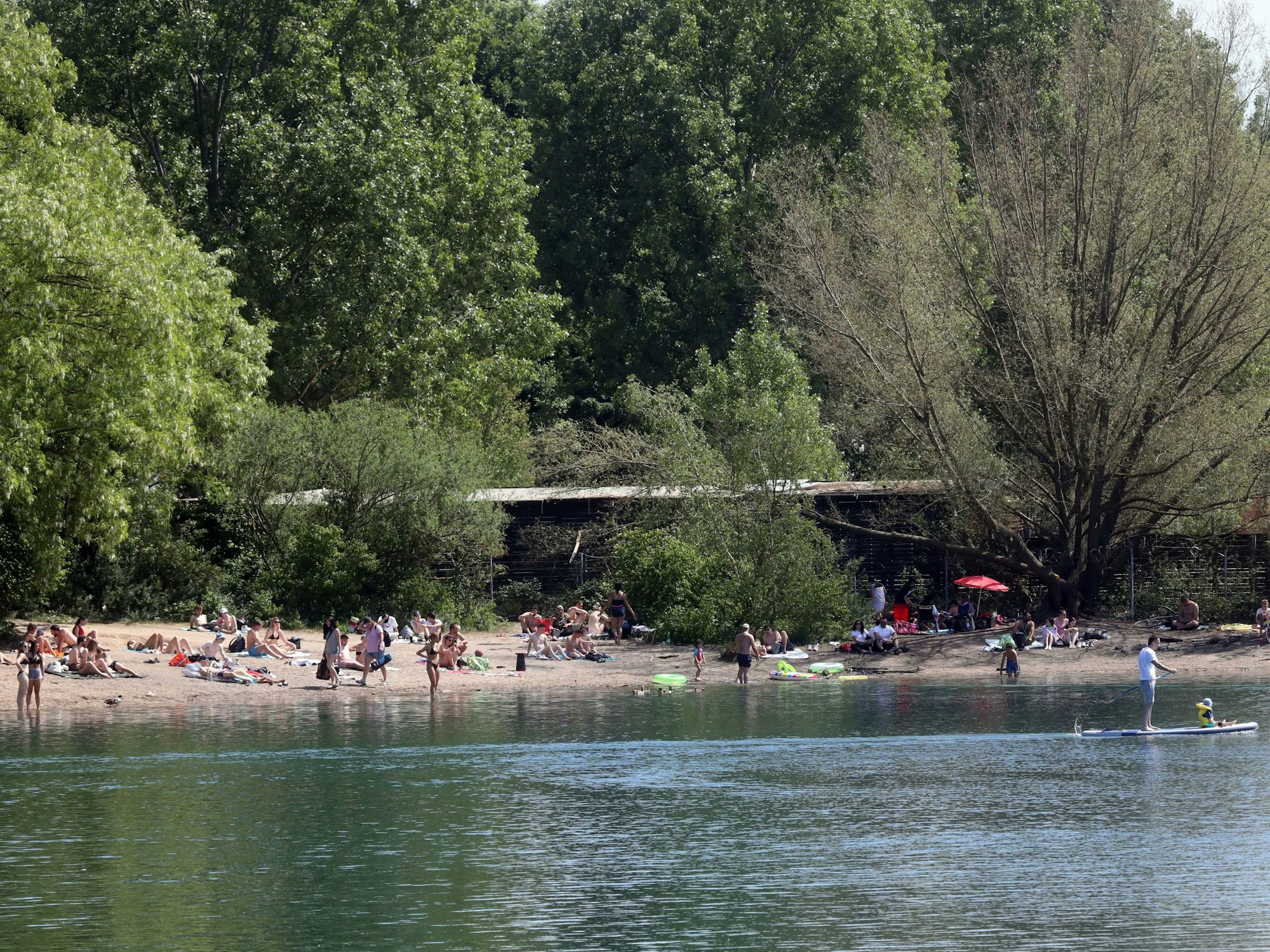 Menschen baden im Escher See in Köln.