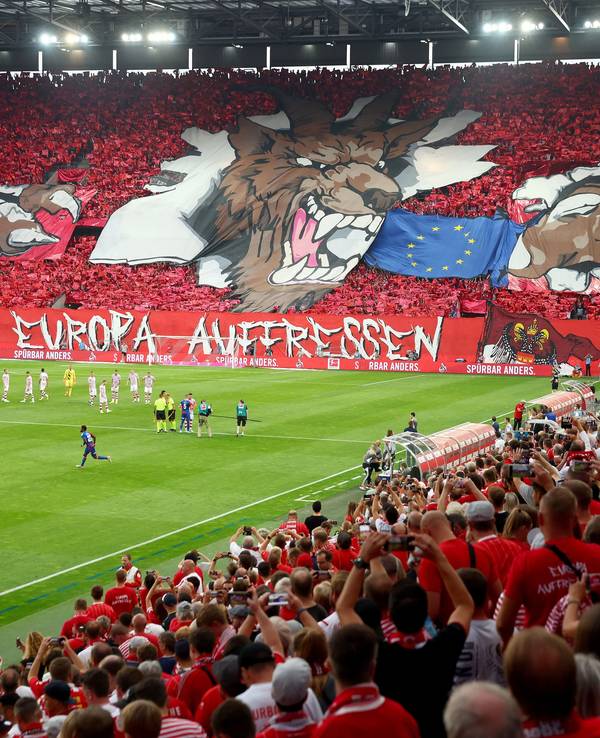 Die Fans des 1. FC Köln sind vor dem Playoff-Hinspiel gegen Fehérvár bereit für Europa, wie die große Choreographie im Rhein-Energie-Stadion zeigt.