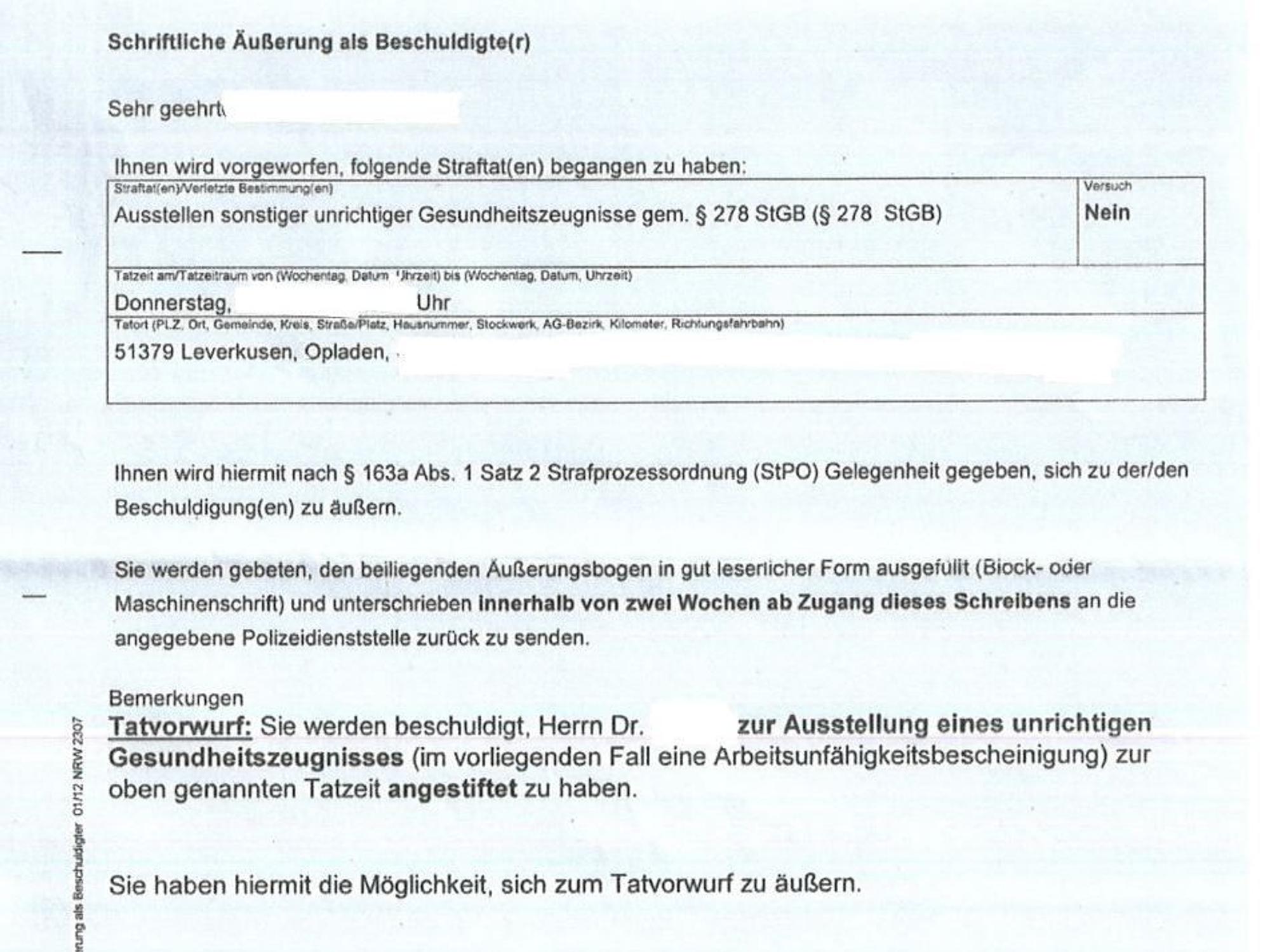 Ein Schreiben der Polizei an einen Beschuldigten einer Straftat.