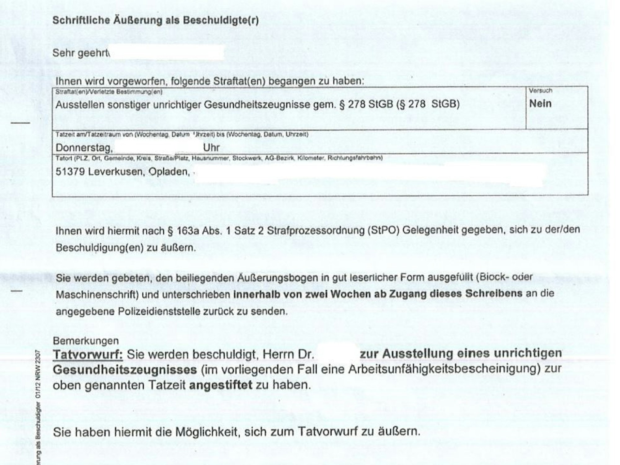 Ein Schreiben der Polizei an einen Beschuldigten einer Straftat.