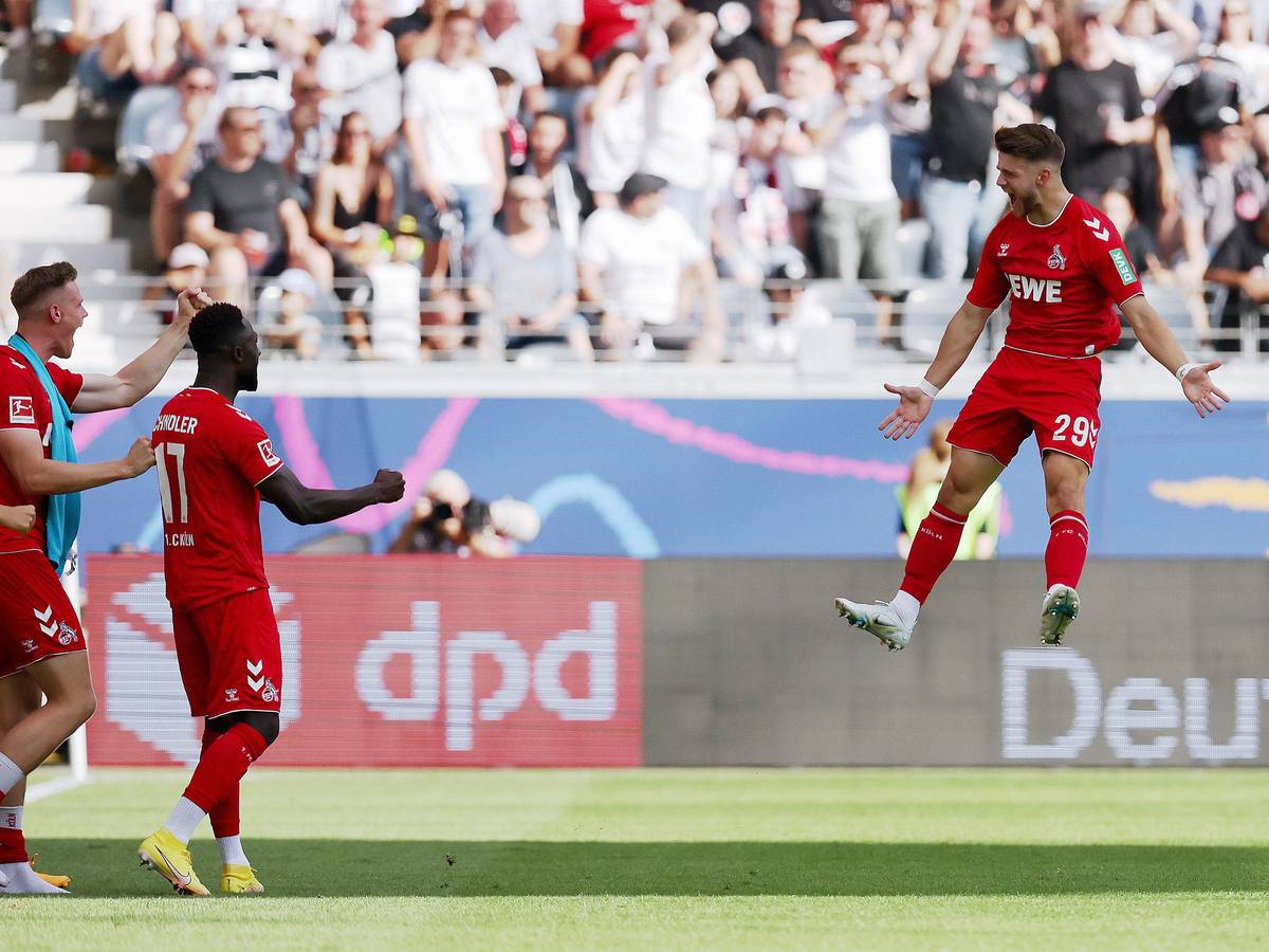 Jan Thielmanns Jubelsprung in Frankfurt (am 21. August 2022) konnte sich genauso sehen lassen wie sein Traumtor zum 1:1-Ausgleich für den 1. FC Köln.