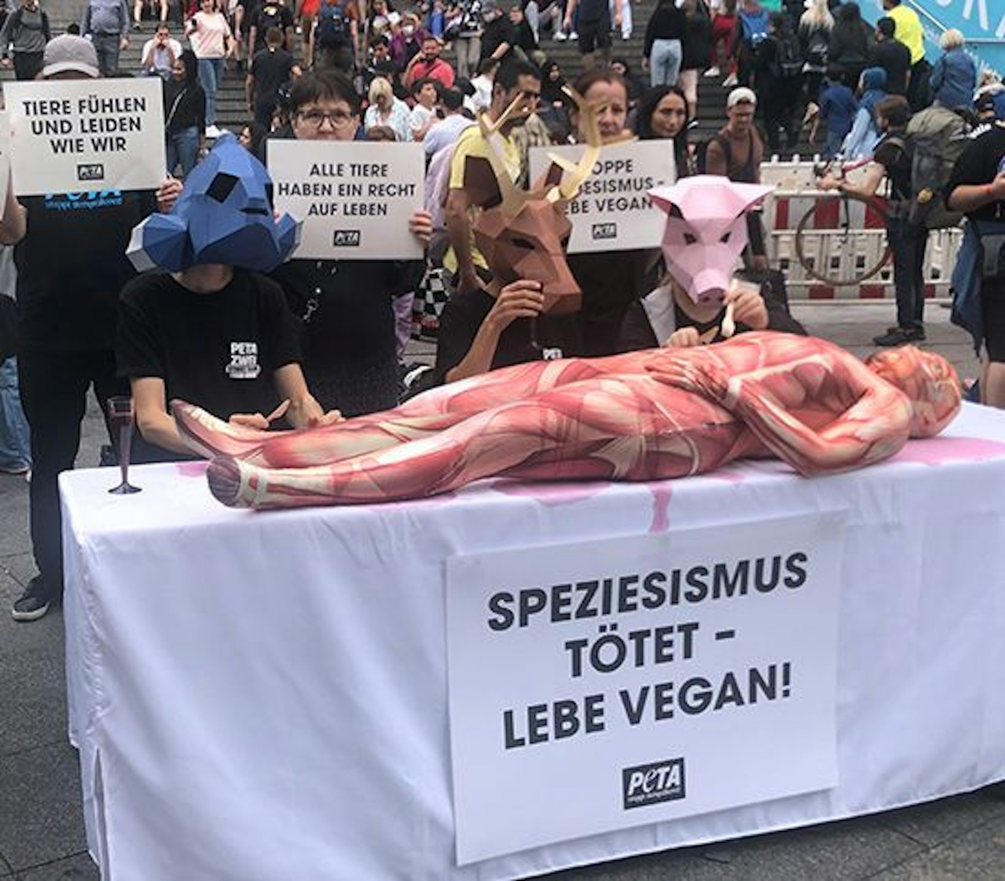 Eine Menschenfigur liegt auf einem Tisch. Am Kölner Dom fand am Samstagnachmittag (27. August) eine Peta-Kundgebung statt.