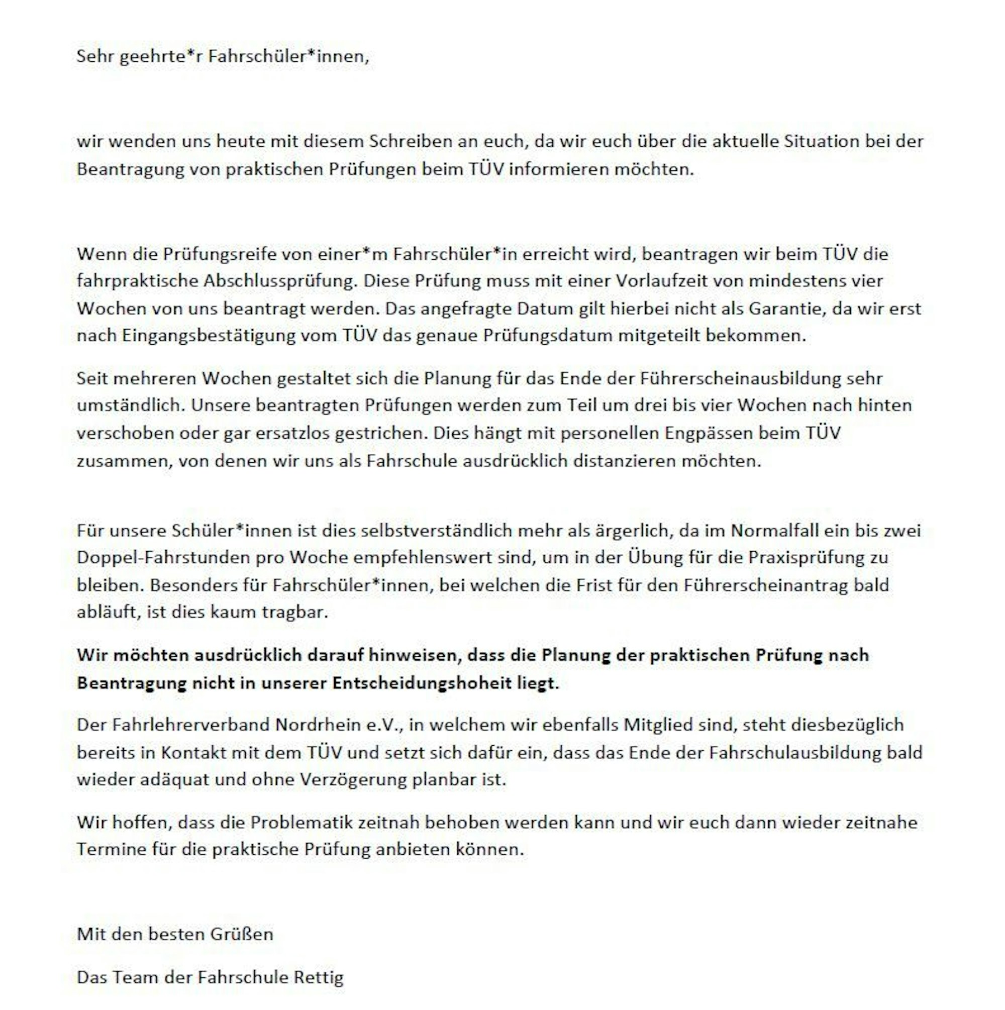 Ein Brief der Fahrschule Rettig wegen abgesagten Führerscheinprüfungen