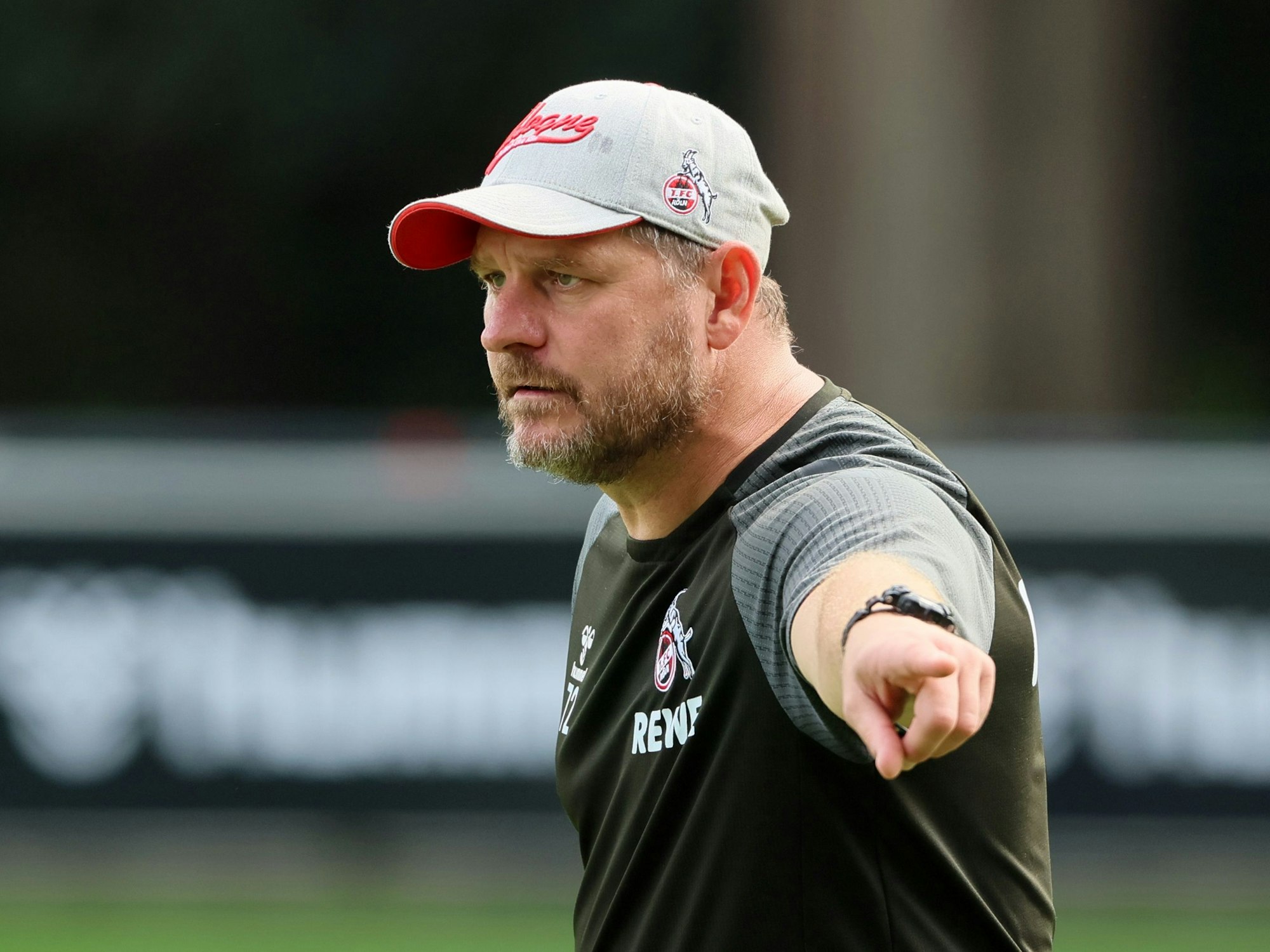 Steffen Baumgart gestikuliert auf dem Trainingsplatz des 1. FC Köln.