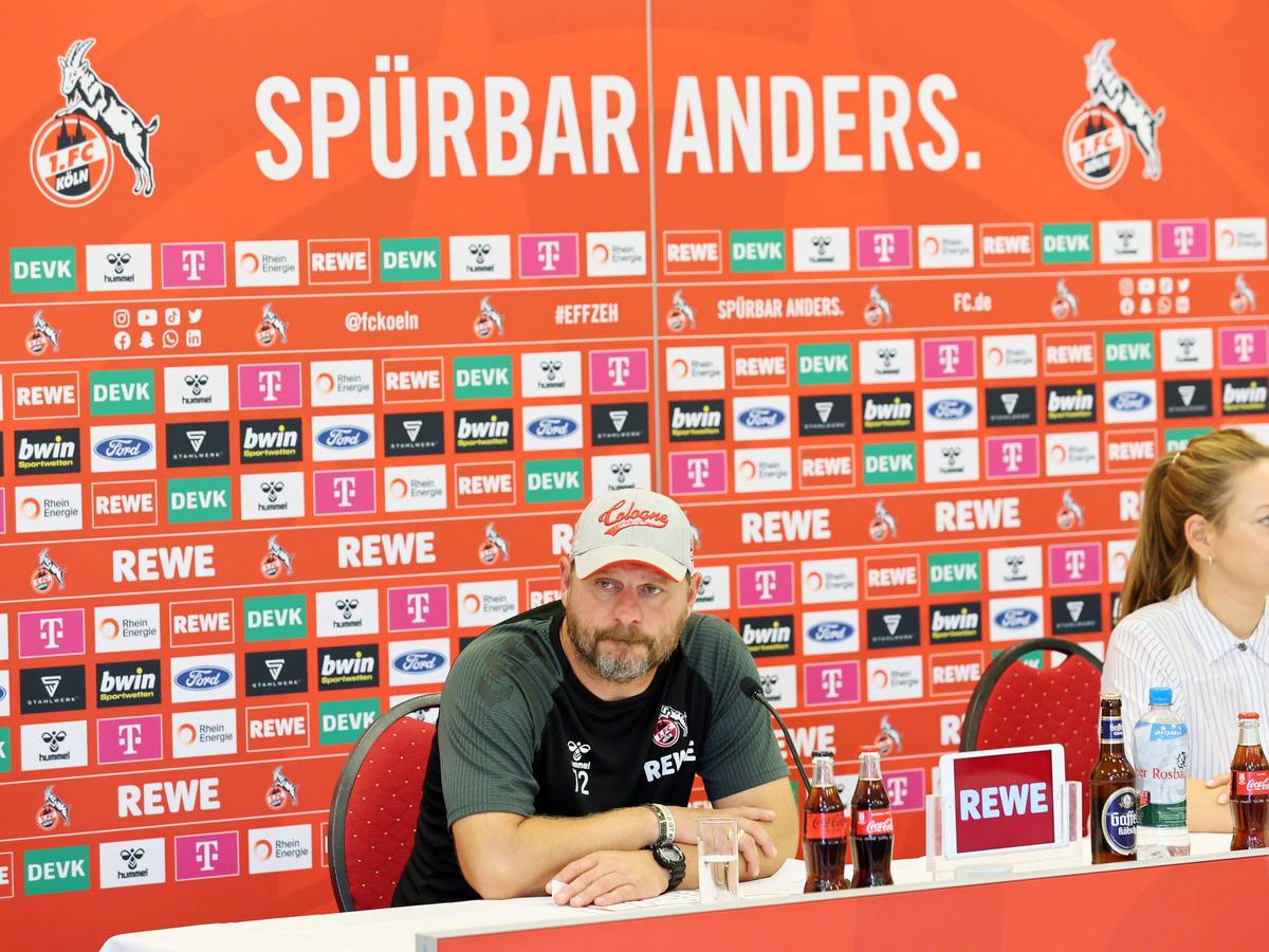 Steffen Baumgart spricht auf der Pressekonferenz.