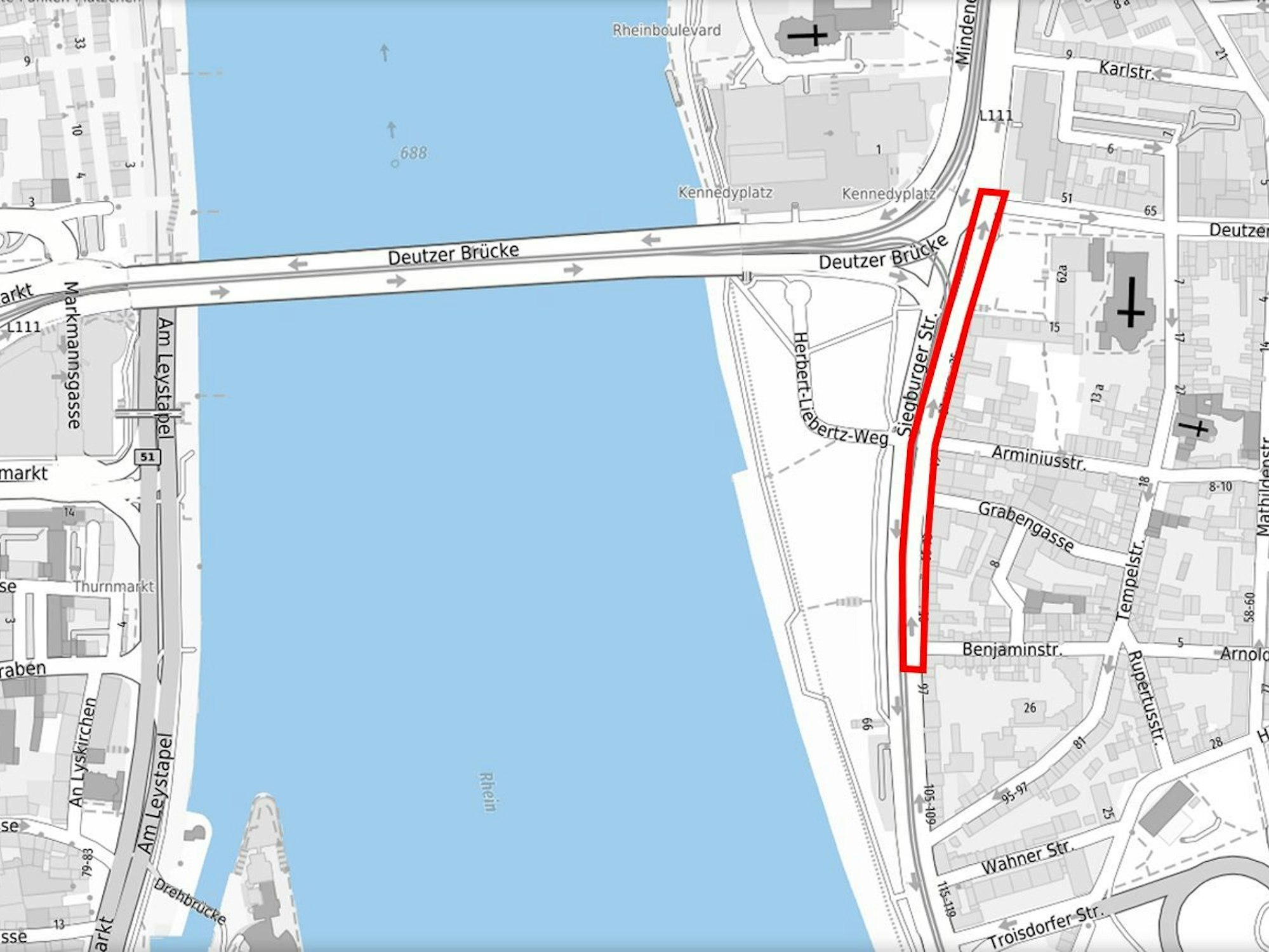 Übersicht der Siegburger Straße: Im markierten Bereich wird ein Kfz-Streifen durch einen Radstreifen ersetzt.
