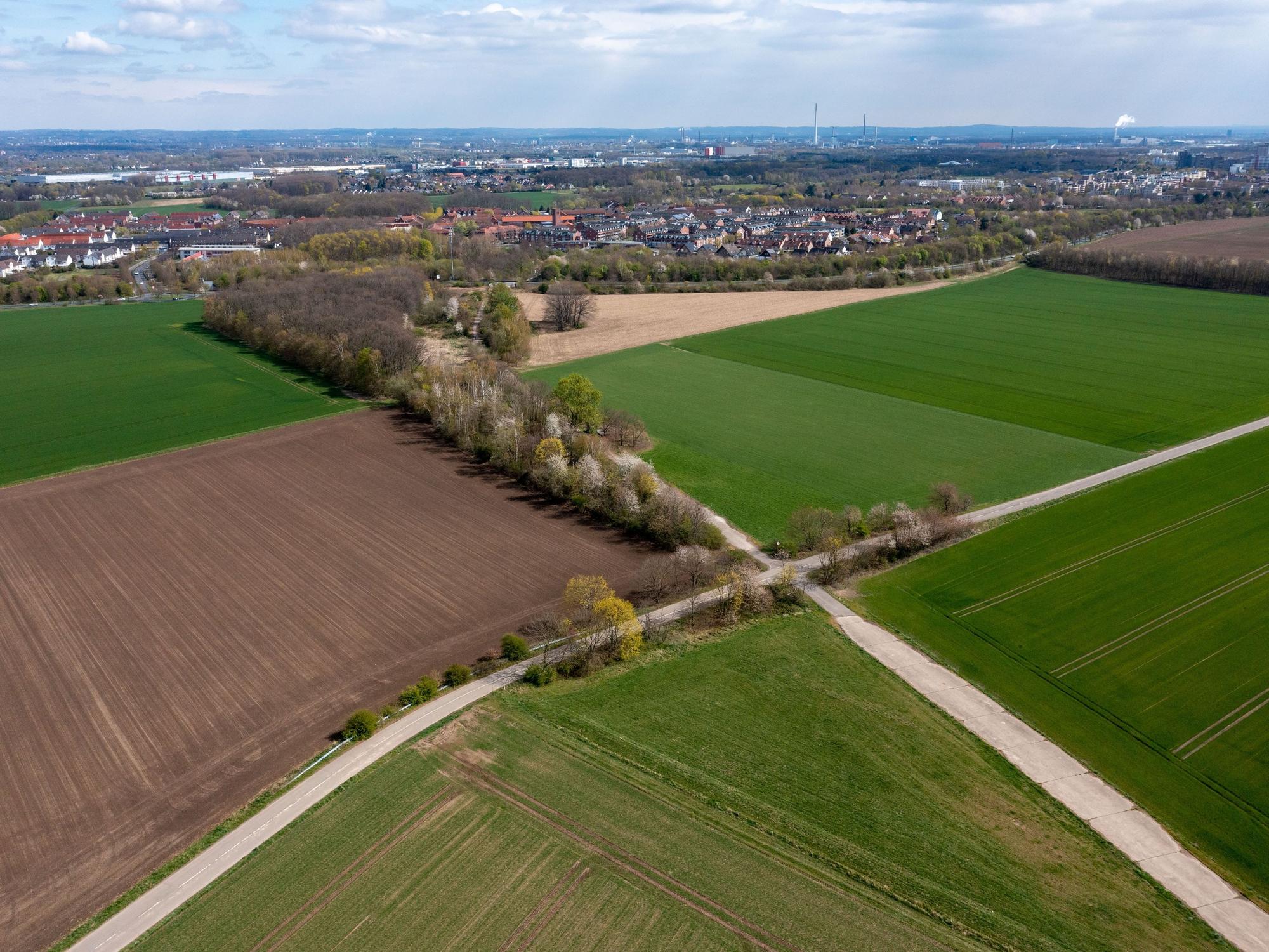 Luftaufnahme des Geländes für das geplante Stadtviertel Kreuzfeld im Kölner Norden.