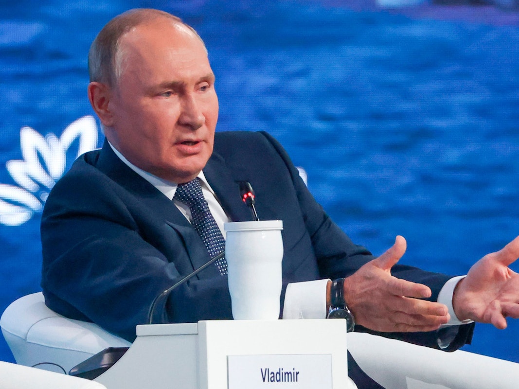 Der russische Präsident Wladimir Putin bei seiner Rede am Mittwoch (7. September) während einer Plenarsitzung auf dem Östlichen Wirtschaftsforum in Wladiwostok.
