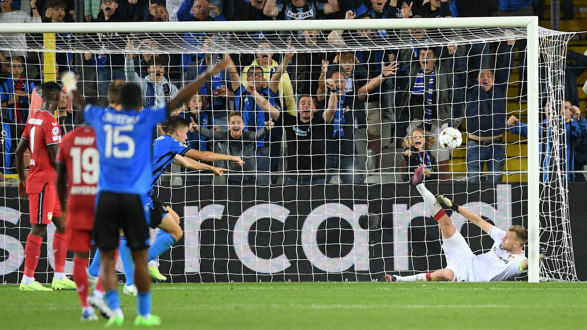 Lukas Hradecky liegt im eigenen Tor und der Ball zappelt im Netz