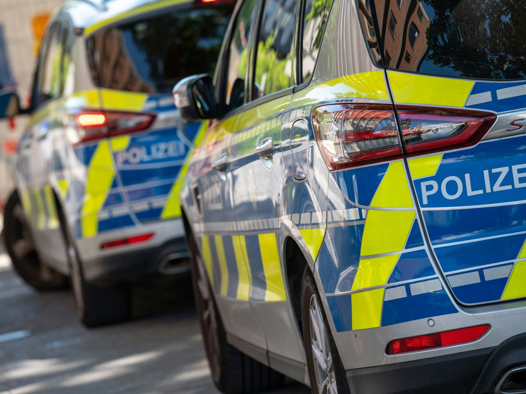 Zwei Polizeifahrzeuge stehen an der Straße