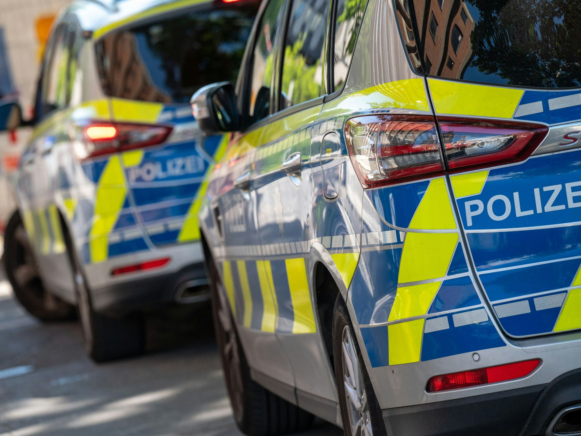 Zwei Polizeifahrzeuge stehen an der Straße