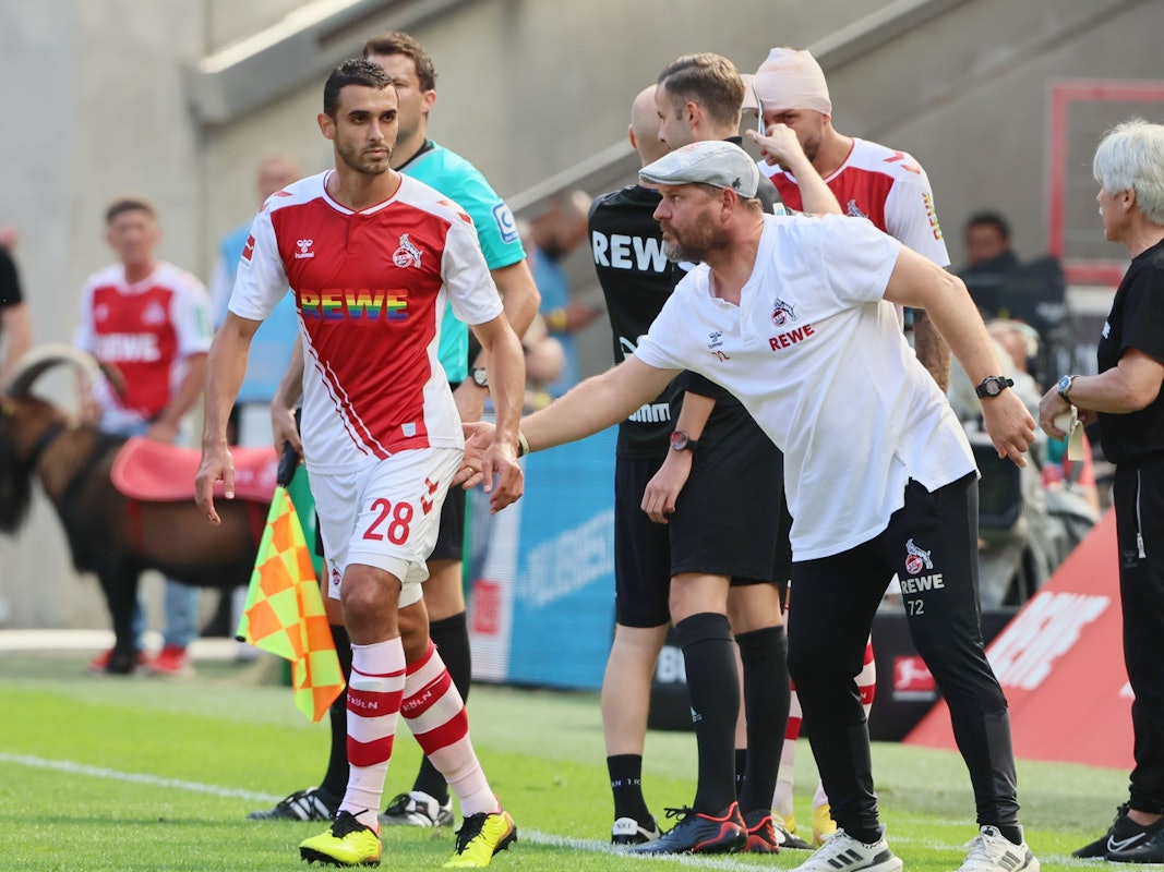 Steffen Baumgart und Ellyes Skhiri beim Bundesliga-Heimspiel des 1. FC Köln gegen den VfB Stuttgart am 28. August 2022