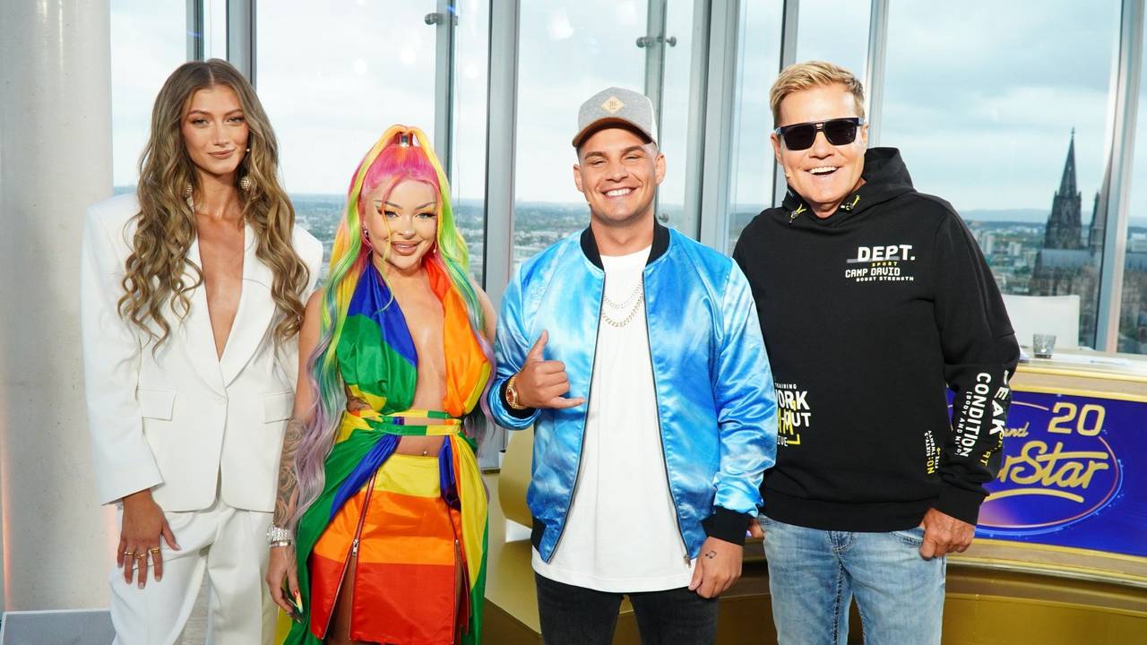 Leony, Katja Krasavice, Pietro Lombardi und Dieter Bohlen (v.l.) bilden bei DSDS 2023 die Jury.