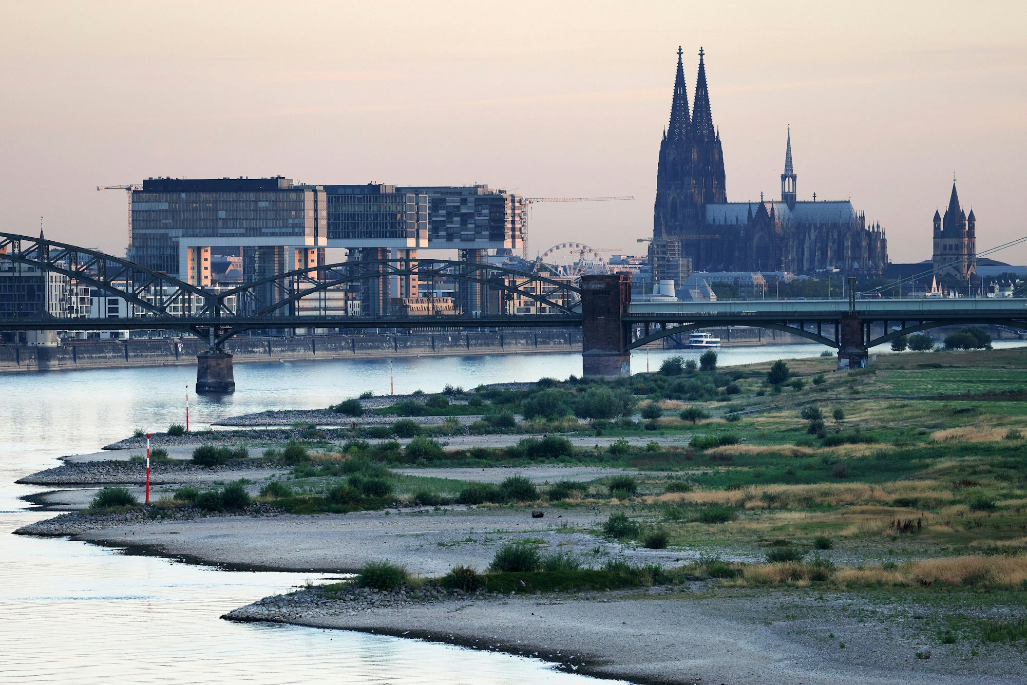 Das Kölner Rheinufer bei den Poller Wiesen im August 2022 vor dem Dom und den Kranhäusern.