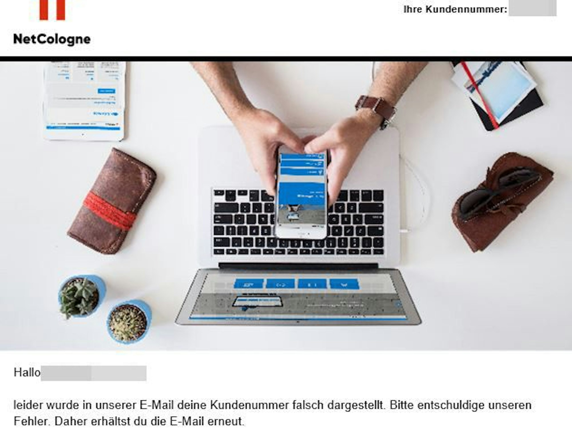 Screenshot einer Mail von NetCologne: Mit dieser Mail wurden die Kunden und Kundinnen über die fehlerhafte erste NetCologne-Mail informiert.
