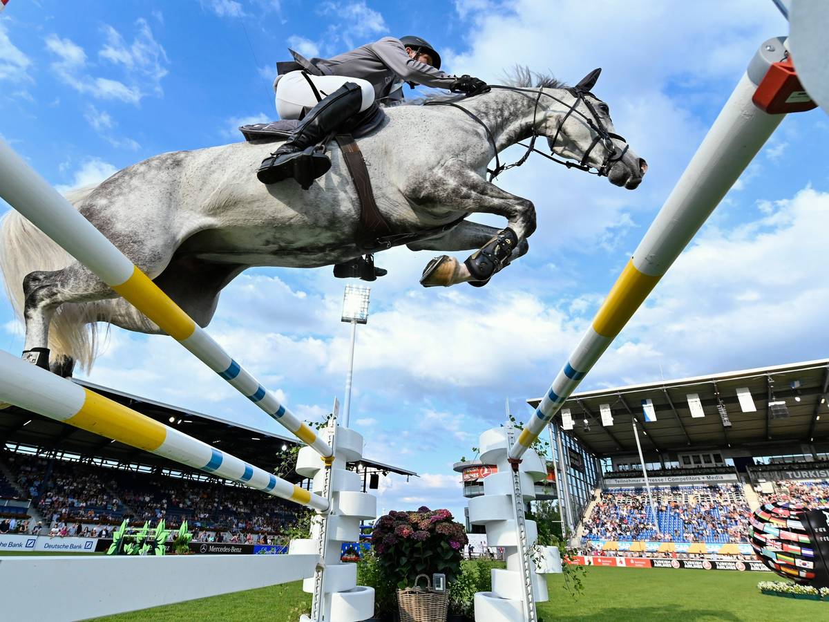 Preis von Europa in Aachen: Der deutsche Springreiter Ludger Beerbaum auf dem Pferd Mila springt über ein Hindernis.